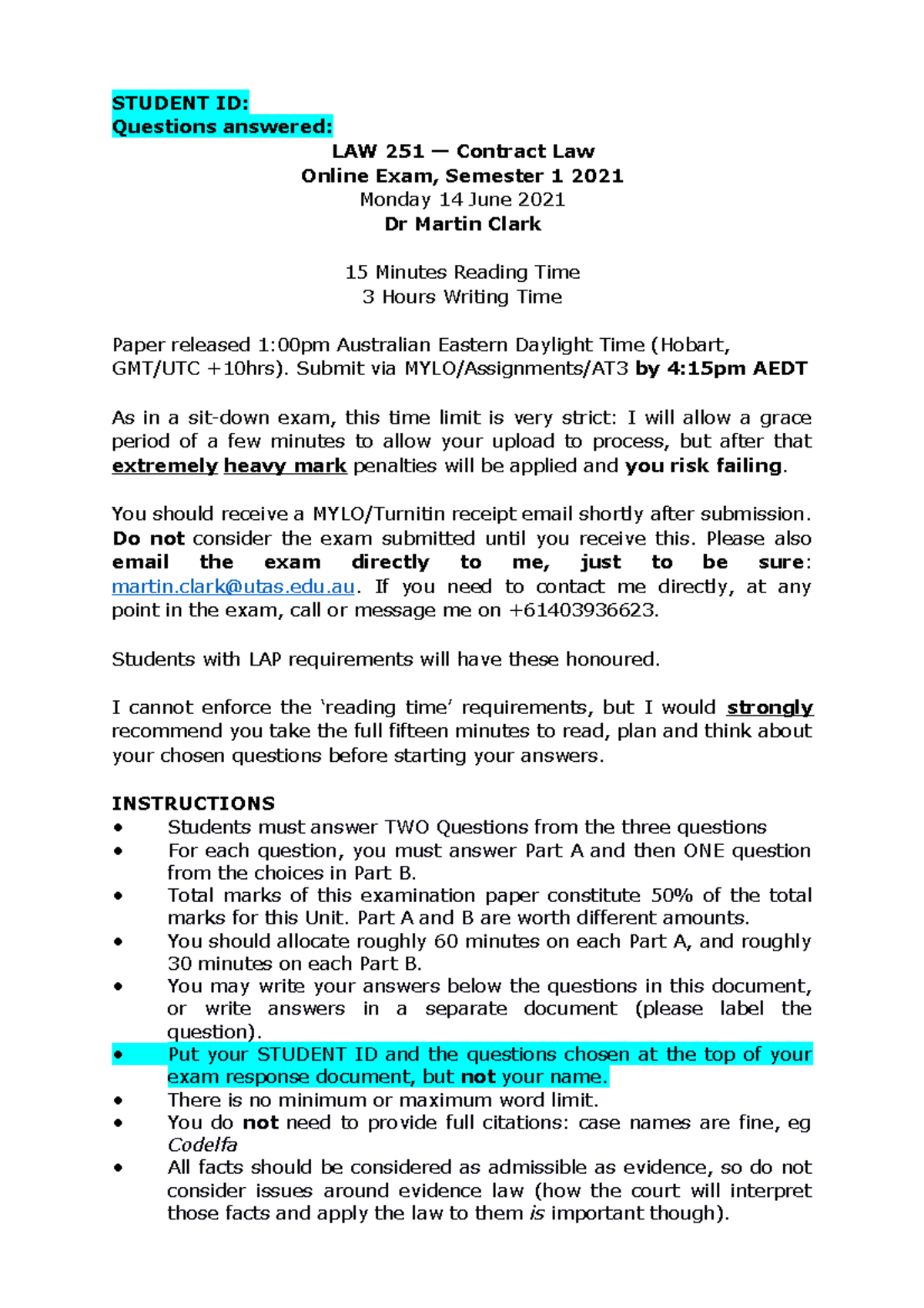 2021 Exam LAW251 [52] - STUDENT ID: Questions Answered: LAW 251 ...