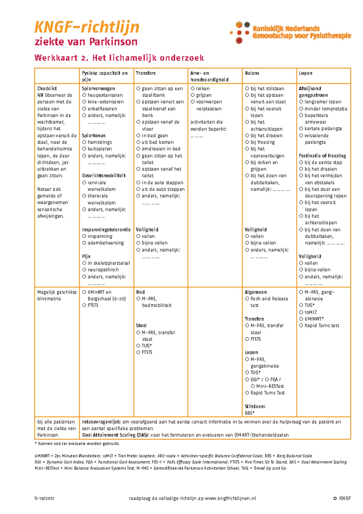 Parkinson Werkkaart 2 Lichamelijk Onderzoek - KNGF-richtlijn Ziekte Van ...