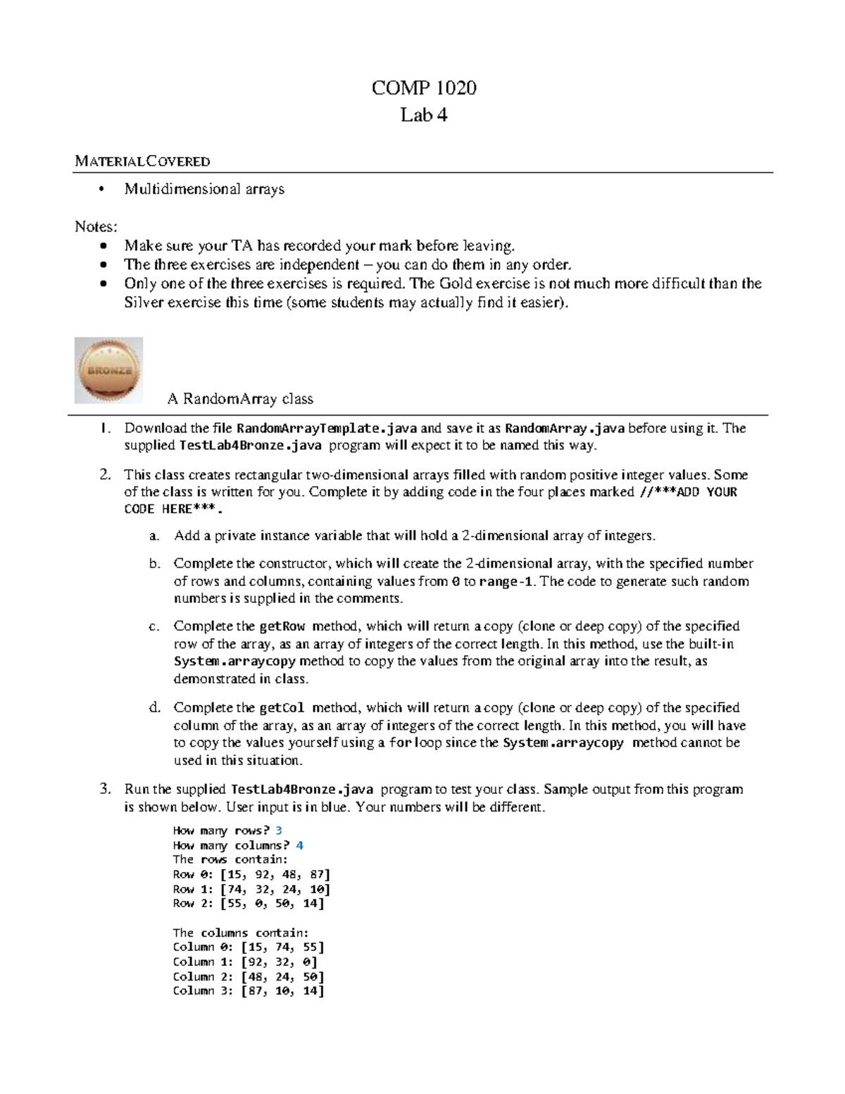 Lab4 - lab - COMP 1020 Lab 4 MATERIAL COVERED Multidimensional arrays ...