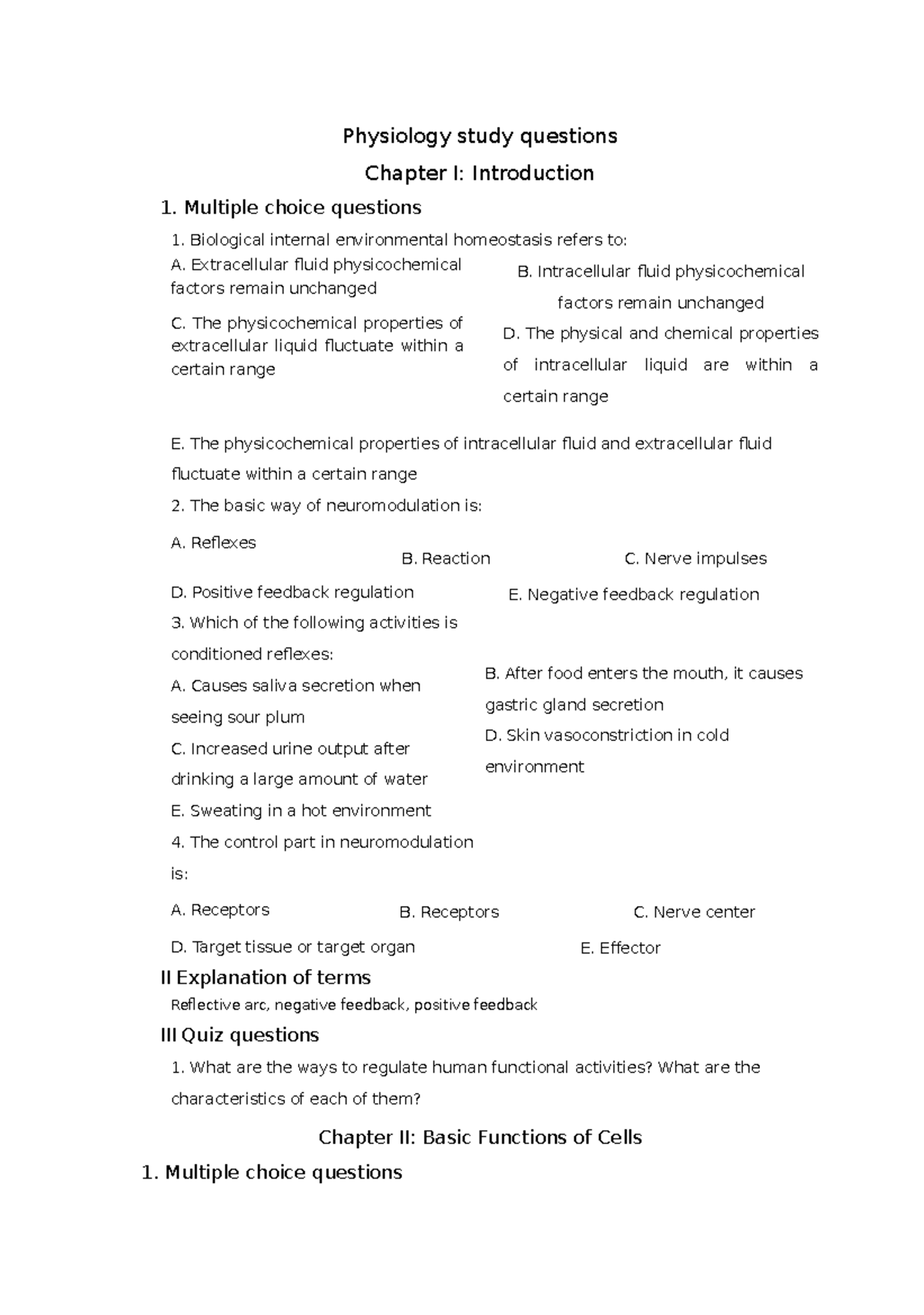 short essay questions in physiology