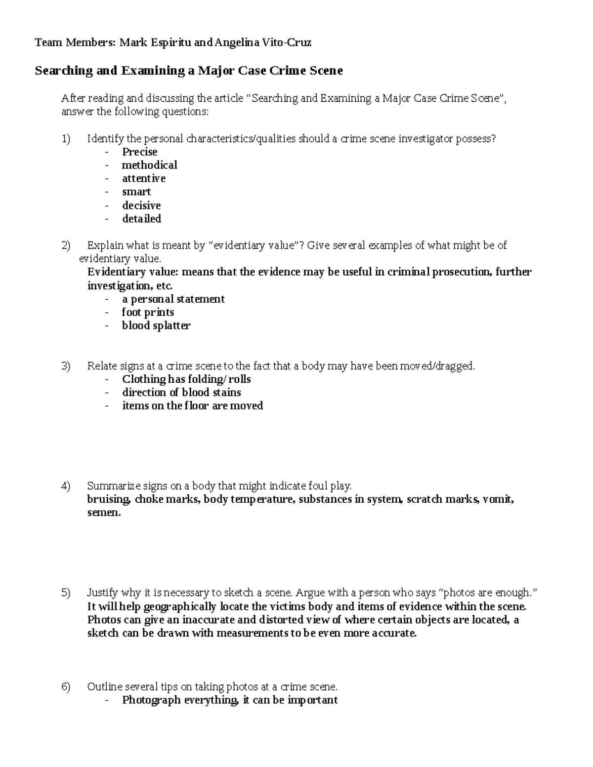 Copy of Crime scene examination WS - Team Members: Mark Espiritu and ...