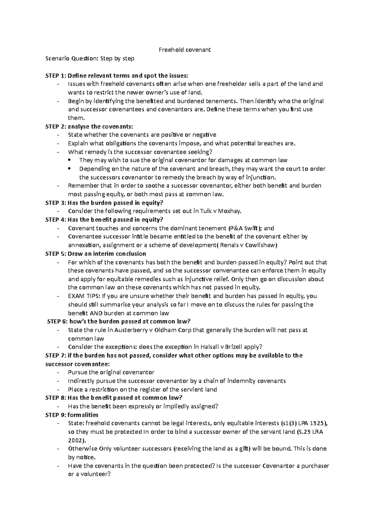 Document answer structure freehold covenat - Freehold covenant Scenario ...