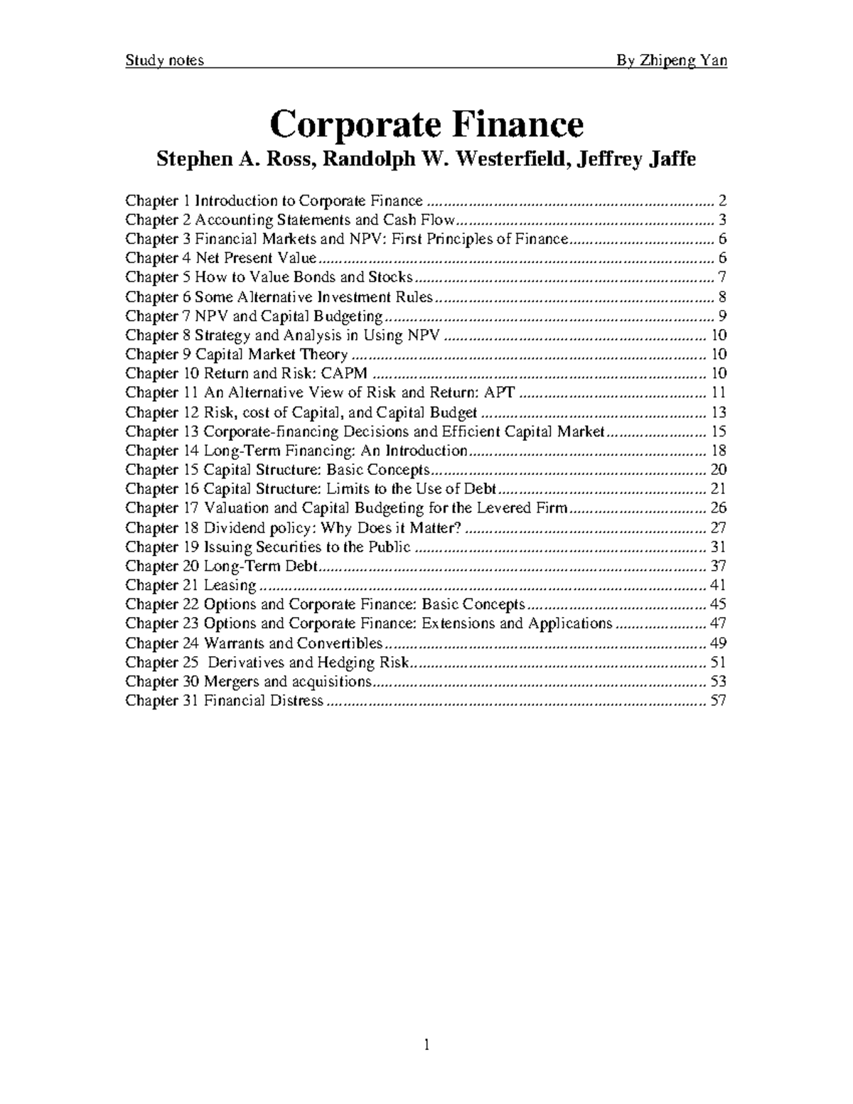 Study Notes For All Chapters - Corporate Finance Chapter 1 Introduction ...