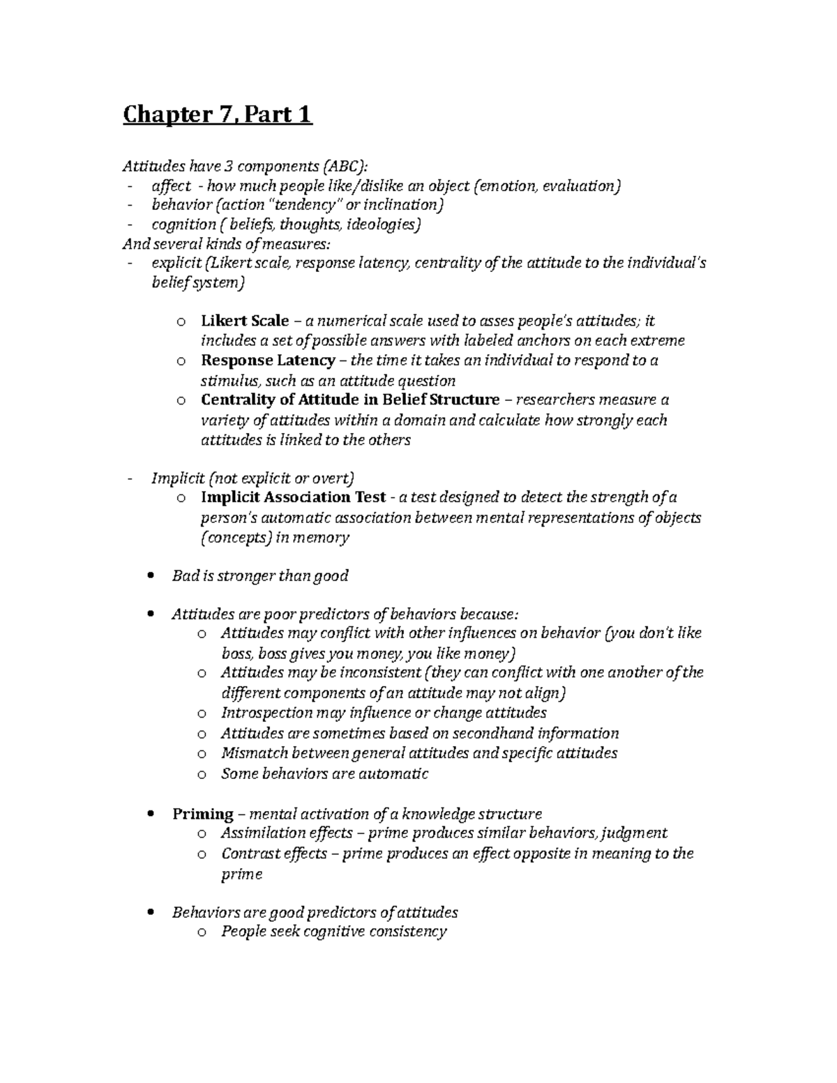 Ch 7 notes - Chapter 7, Part 1 Attitudes have 3 components (ABC ...
