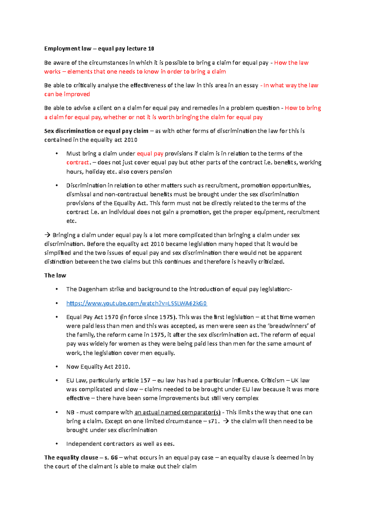 Employment law 10 - Lecture notes 10 - Employment law – equal pay ...