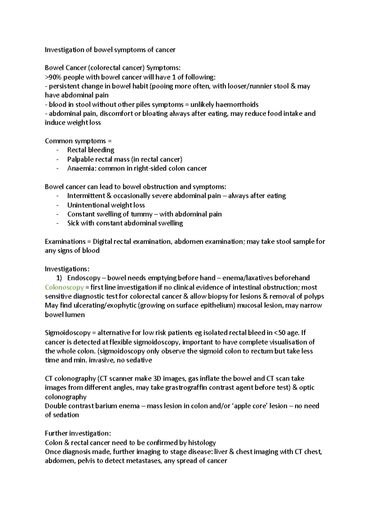 Bowel Cancer Symptoms Notes Investigation Of Bowel Symptoms Of Cancer