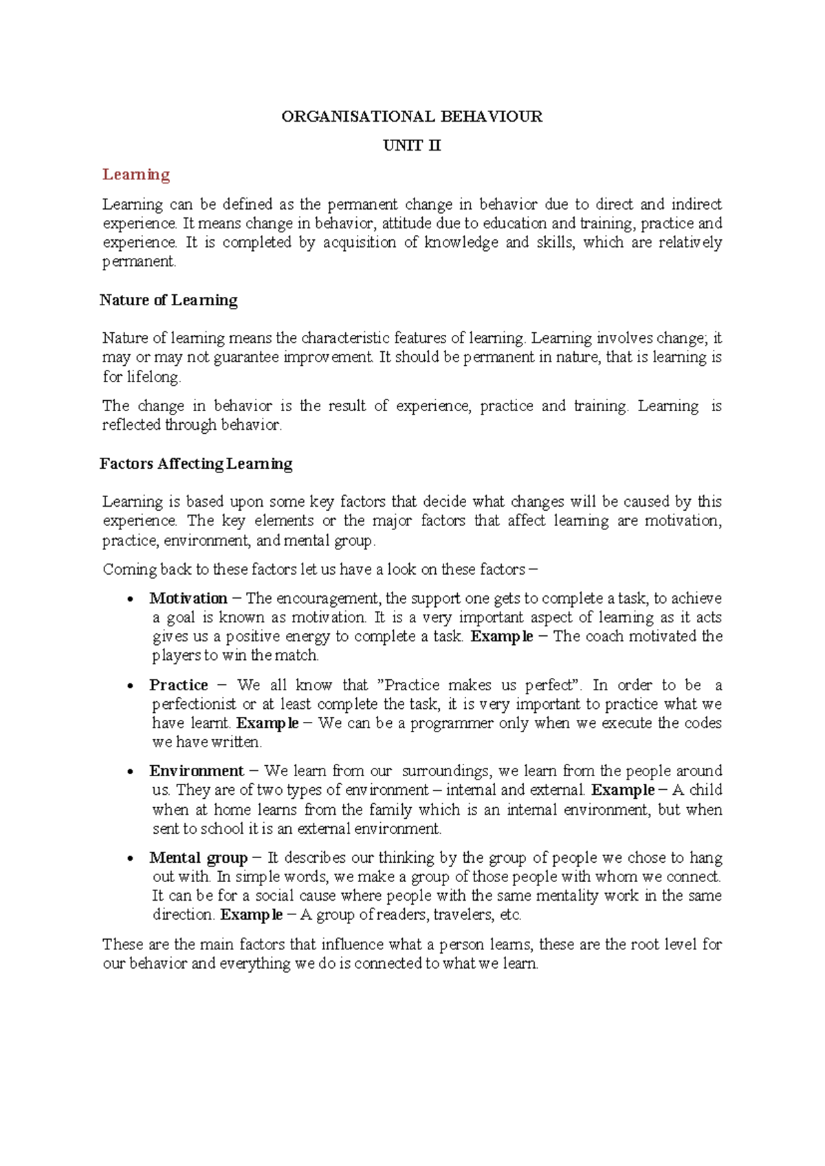 OB UNIT II Notes - ORGANISATIONAL BEHAVIOUR UNIT II Learning Learning ...