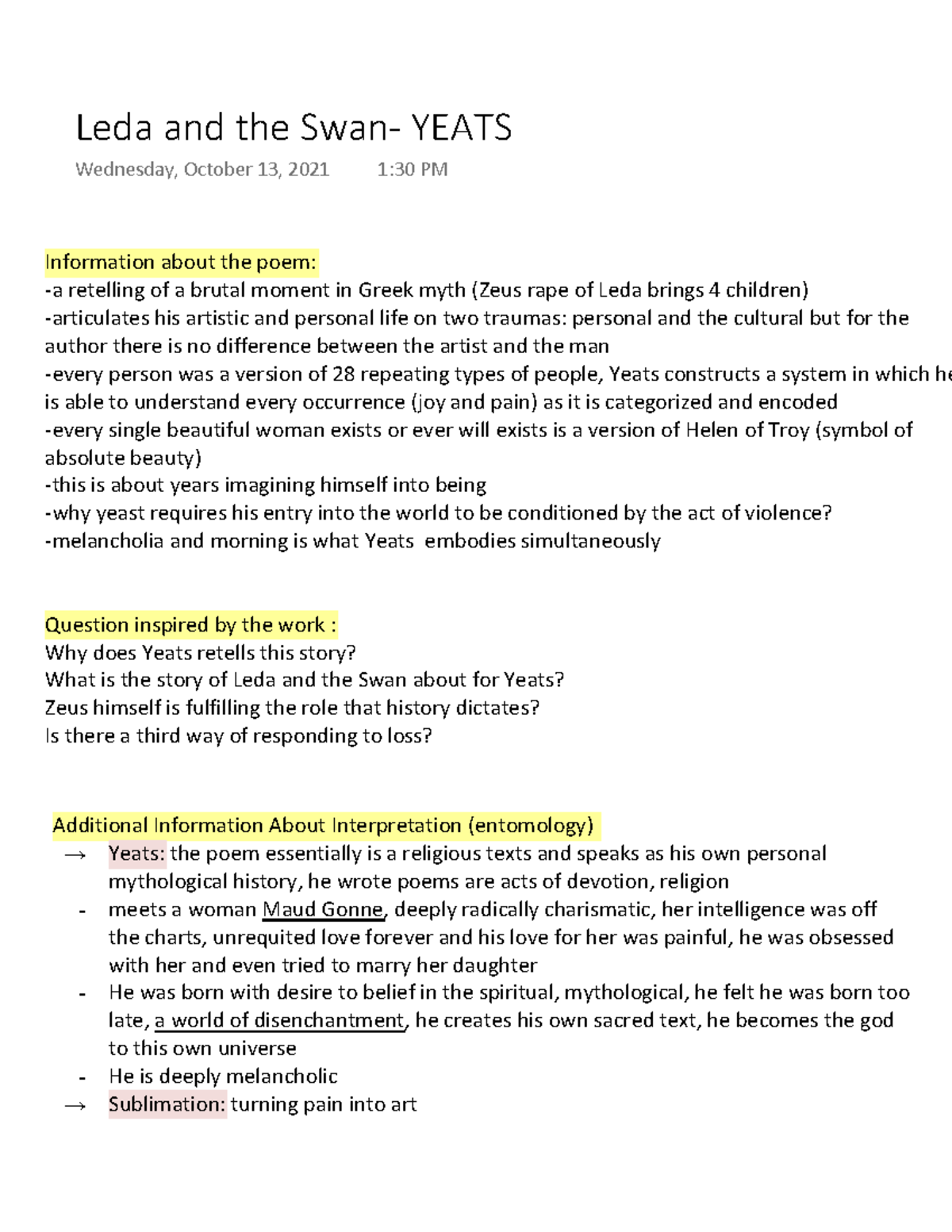 Leda and the Swan Yeats Additional Information About Interpretation