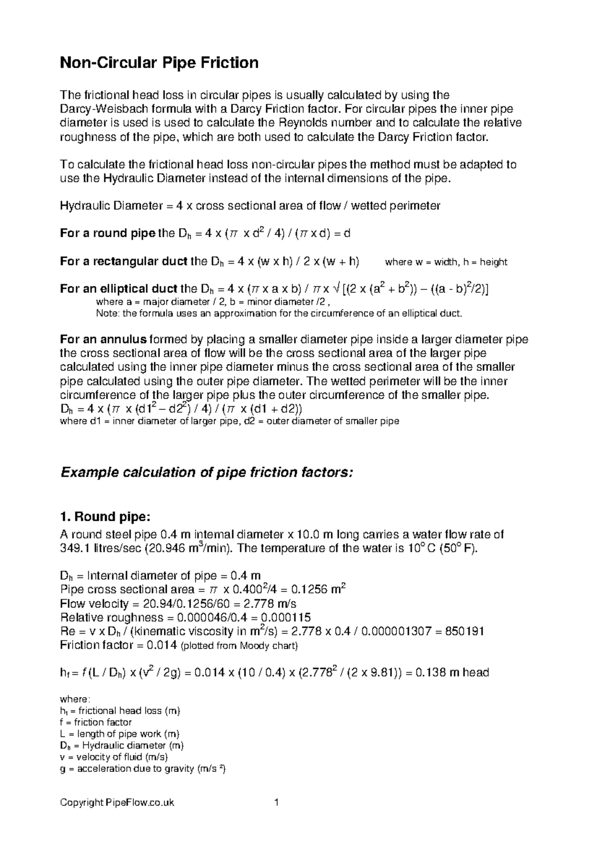 Non Circular Pipe Friction Copyright PipeFlow.co 1 NonCircular Pipe