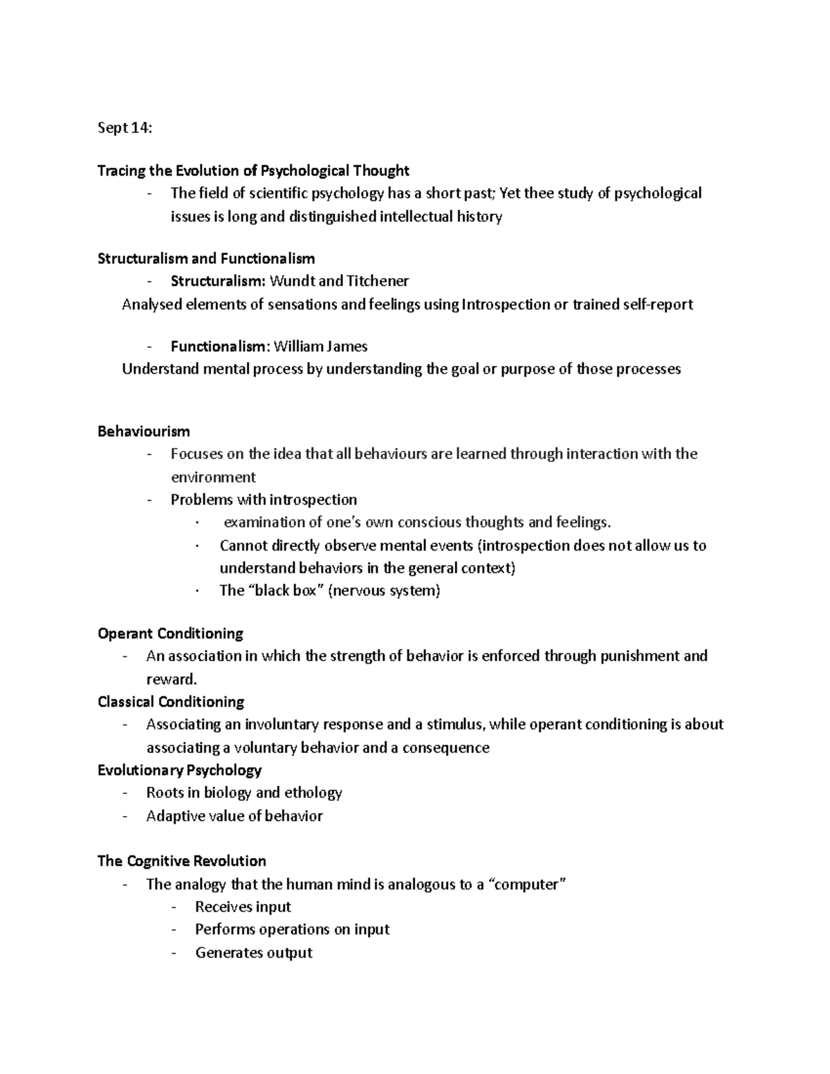 Psych 1010 Notes - Sept 14: Tracing the Evolution of Psychological ...