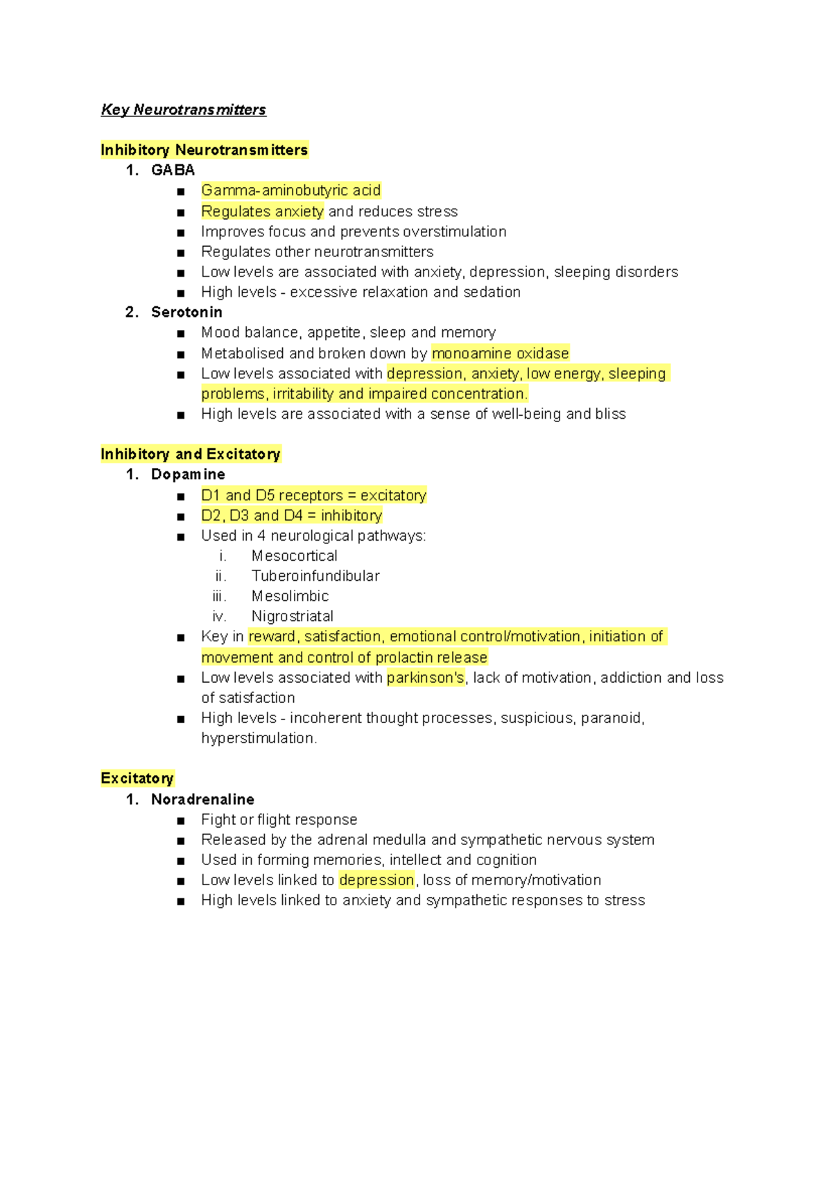 Key Neurotransmitters - Key Neurotransmitters Inhibitory ...