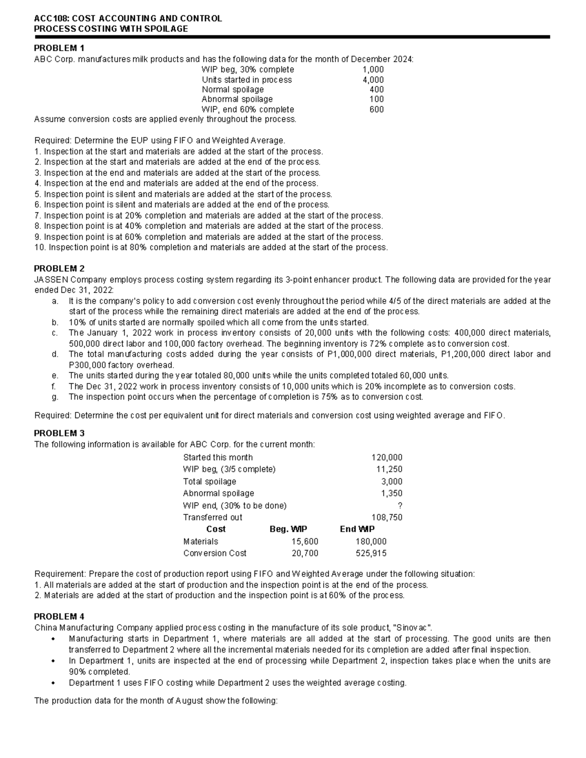 Process Costing With Spoilage - Exercises - ACC108: COST ACCOUNTING AND ...