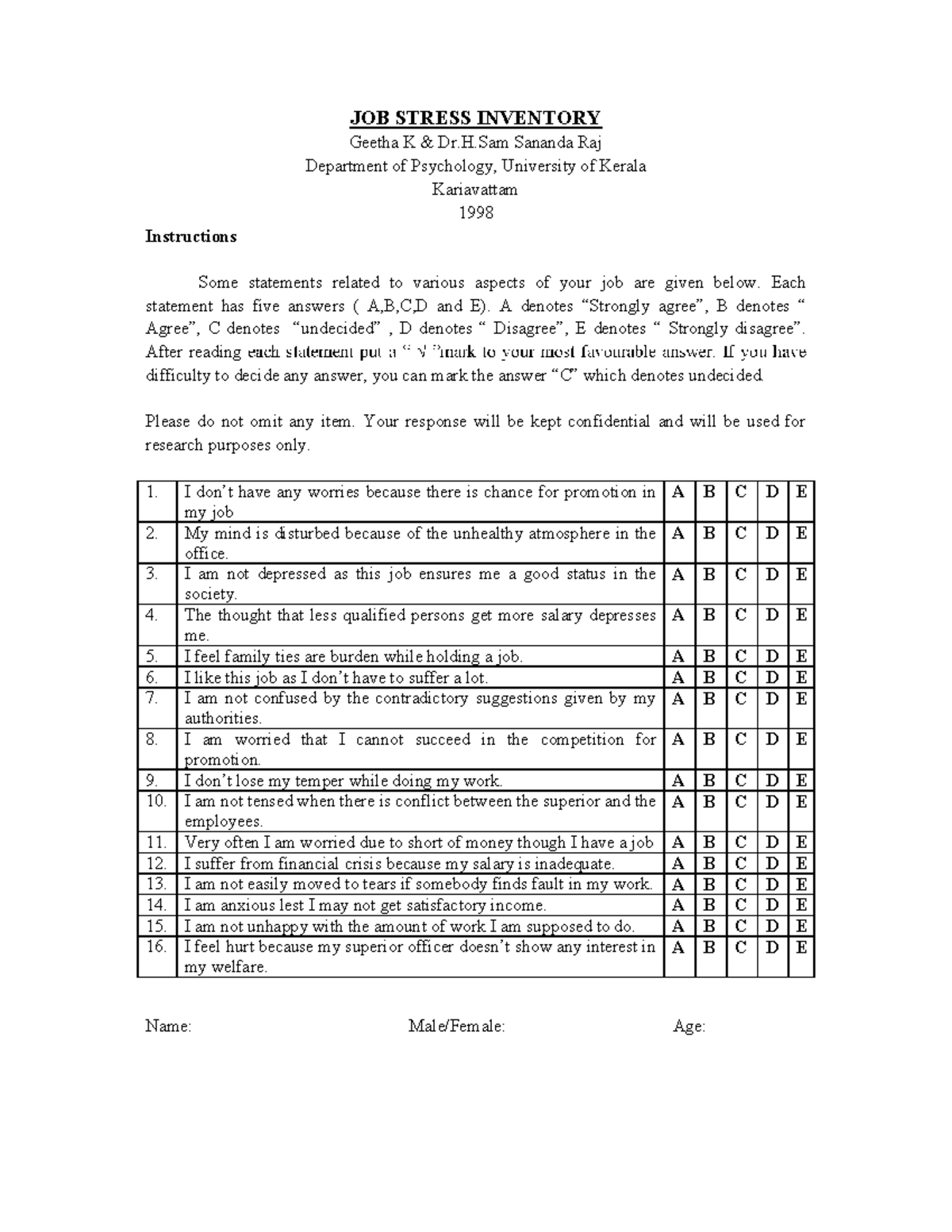 Job Stress Inventory - JOB STRESS INVENTORY Geetha K & Dr.H Sananda Raj ...