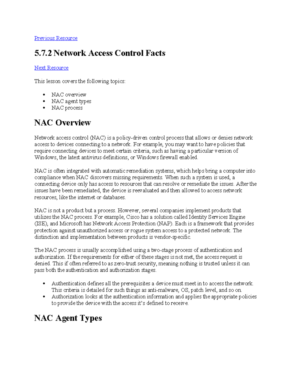 5.7.2 Network Access Control Facts Previous Resource 5.7 Network