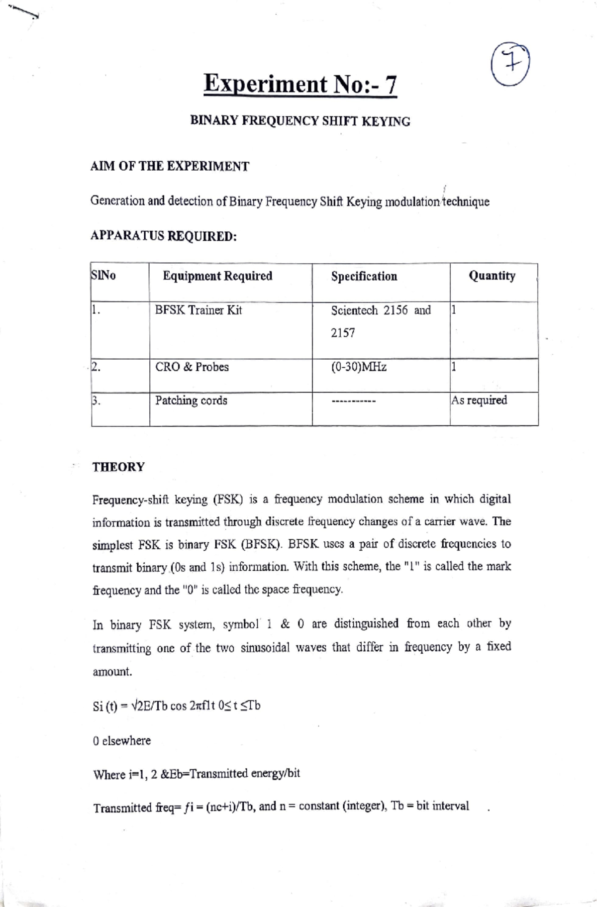 Exp7 ce lab - Experiment No:- 7 BINARY FREQUENCY SHIFT KEYING AIM OF ...
