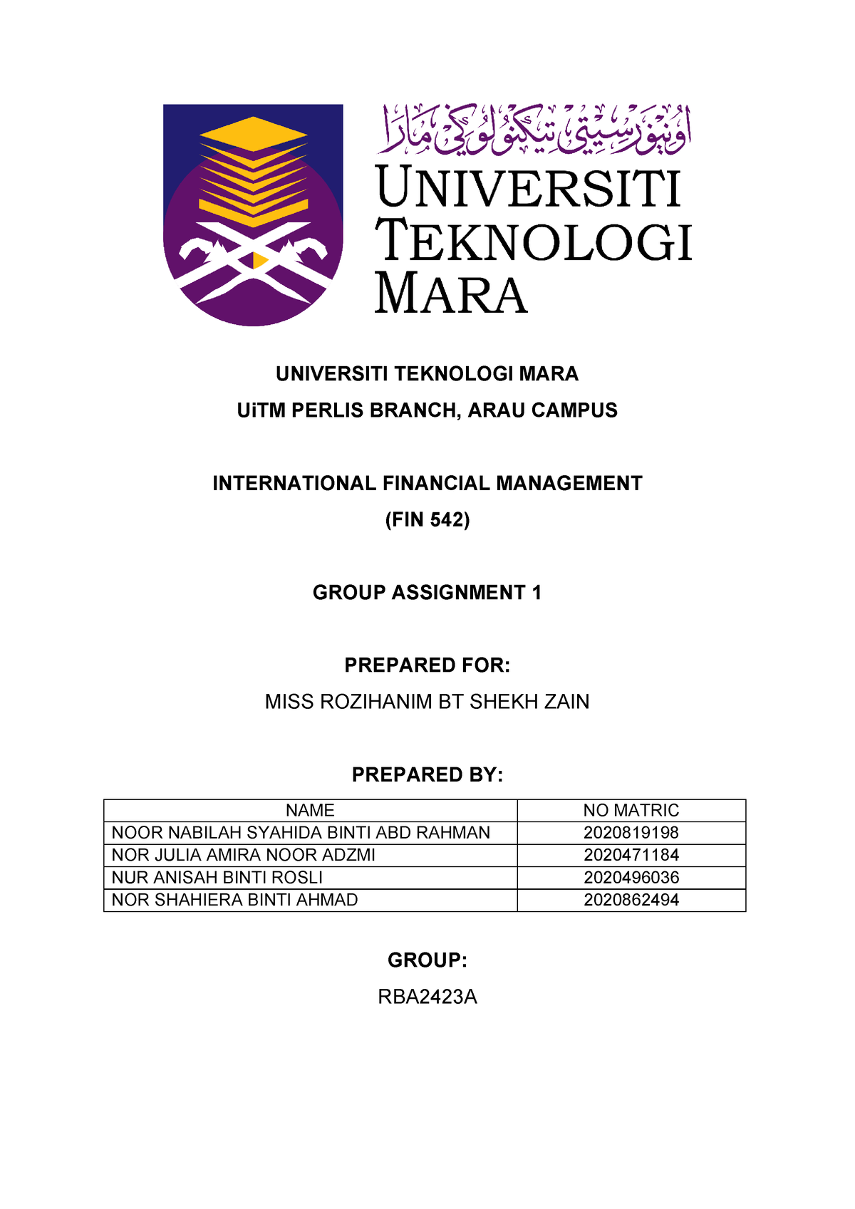 Assignment 2 Group 5 Rba2423a Universiti Teknologi Mara Uitm Perlis Branch Arau Campus Studocu