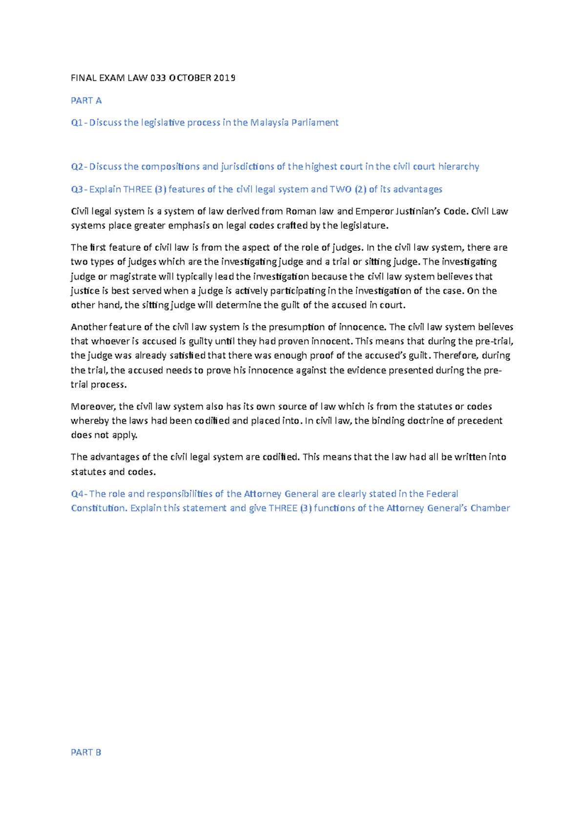 Final EXAM LAW 033 October 2019 FINAL EXAM LAW 033 OCTOBER 2019 PART