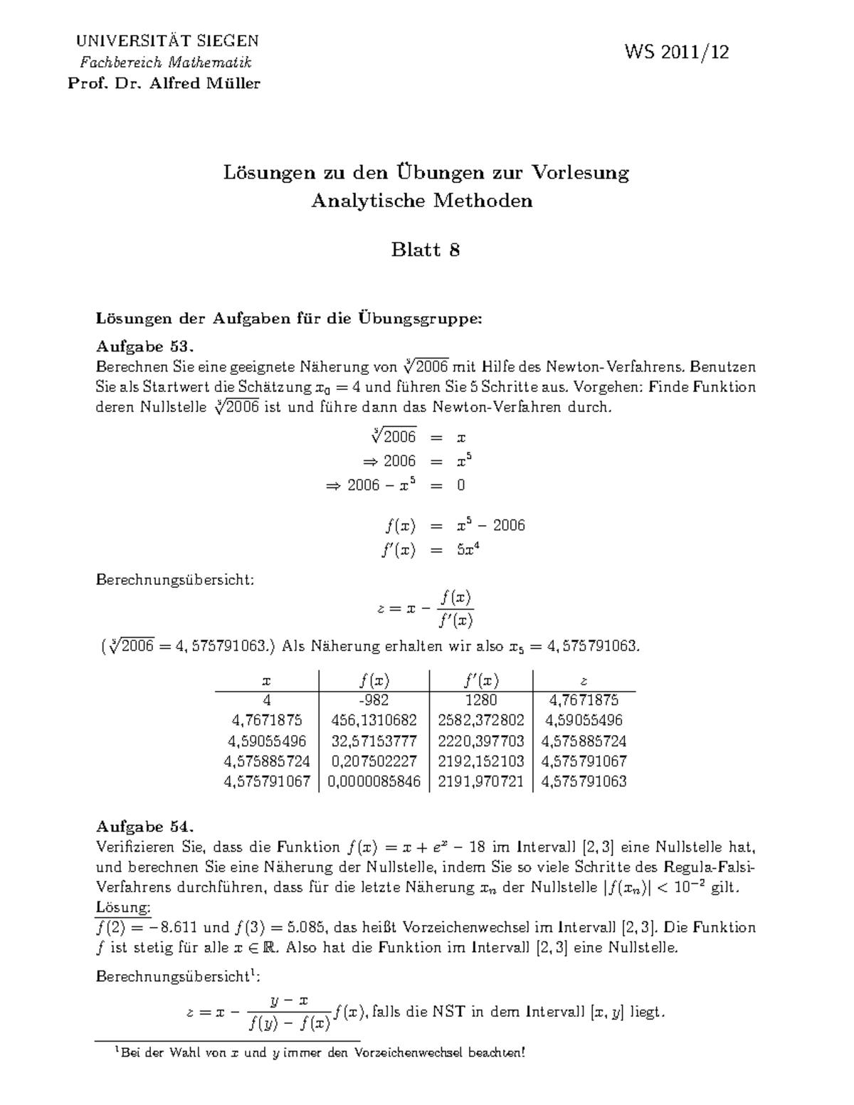 (WS 2011/12) Übungen Analytische Methoden UNIVERSIT ̈ AT SIEGEN