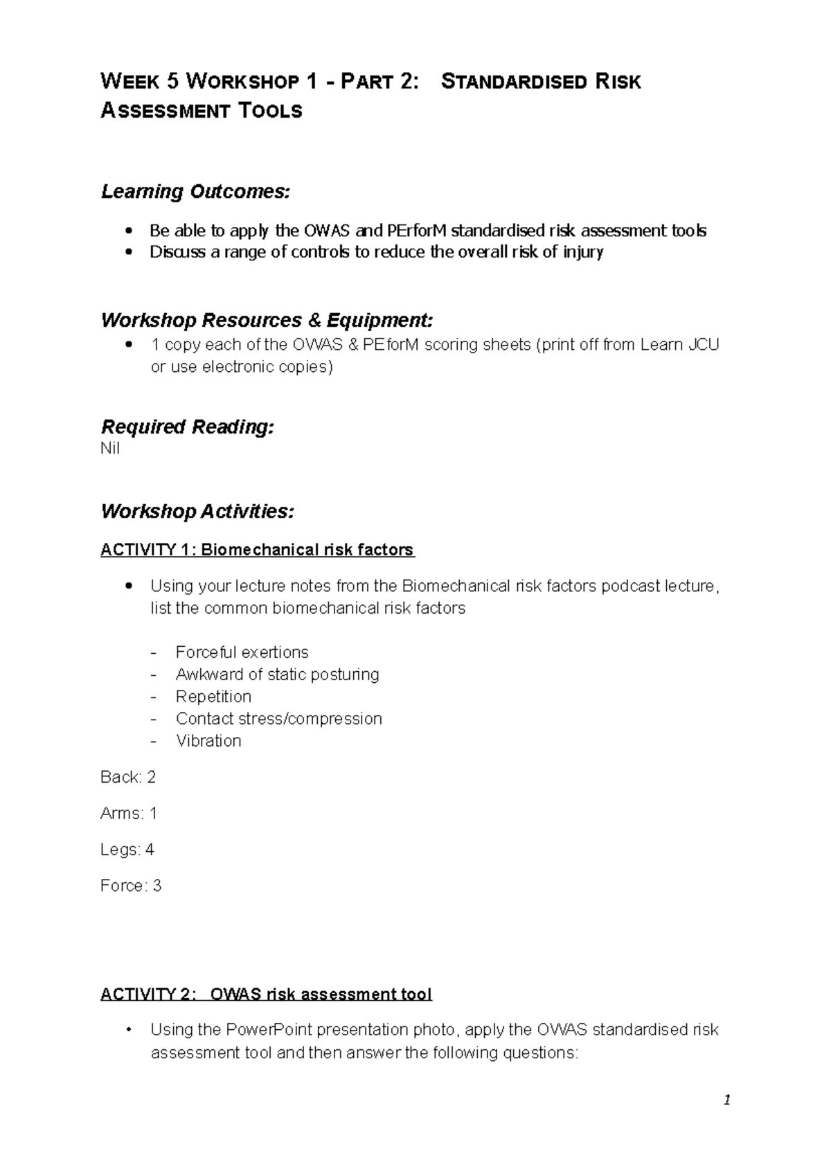 Standardised Risk Assessment Tools Worksheet - WEEK 5 WORKSHOP 1 - PART ...
