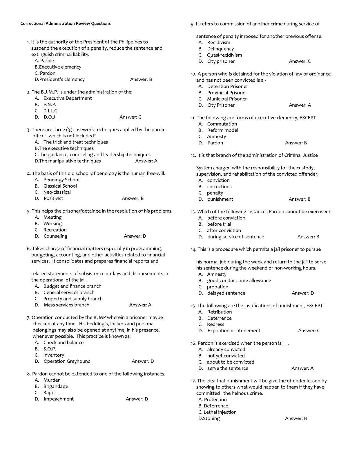 Correctional Administration Review Questions - A. Parole B Clemency C ...