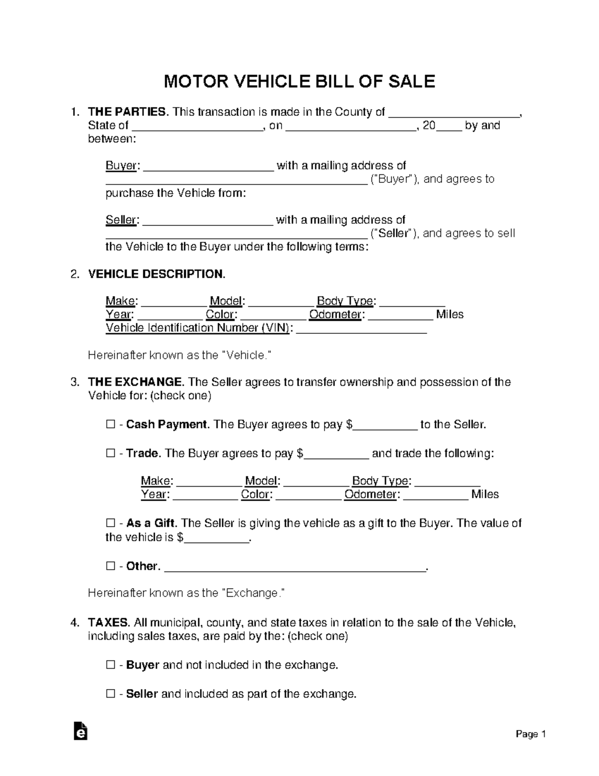 Motor-Vehicle-Bill-of-Sale - Page 1 MOTOR VEHICLE BILL OF SALE THE ...