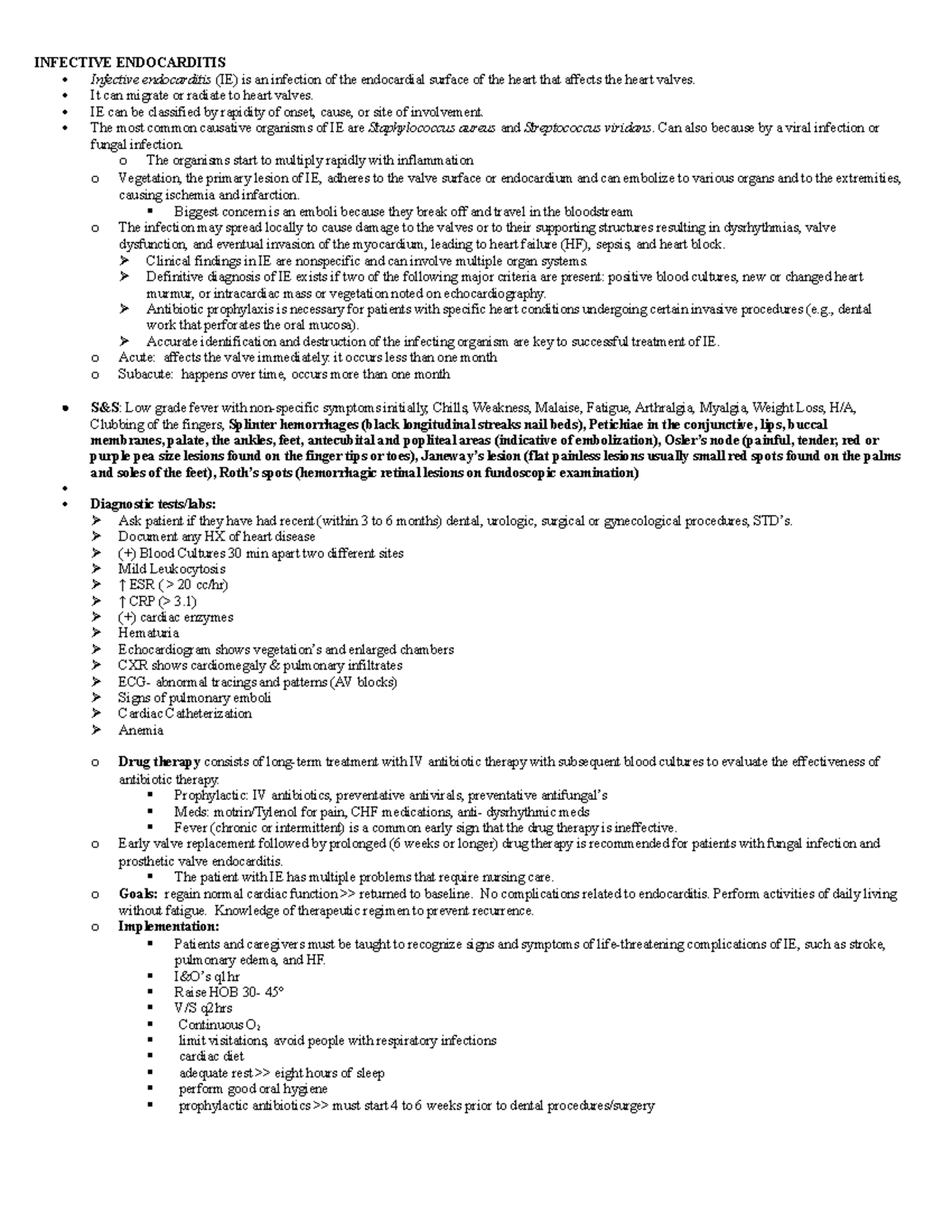 Ch 36 notes - INFECTIVE ENDOCARDITIS Infective endocarditis (IE) is an ...