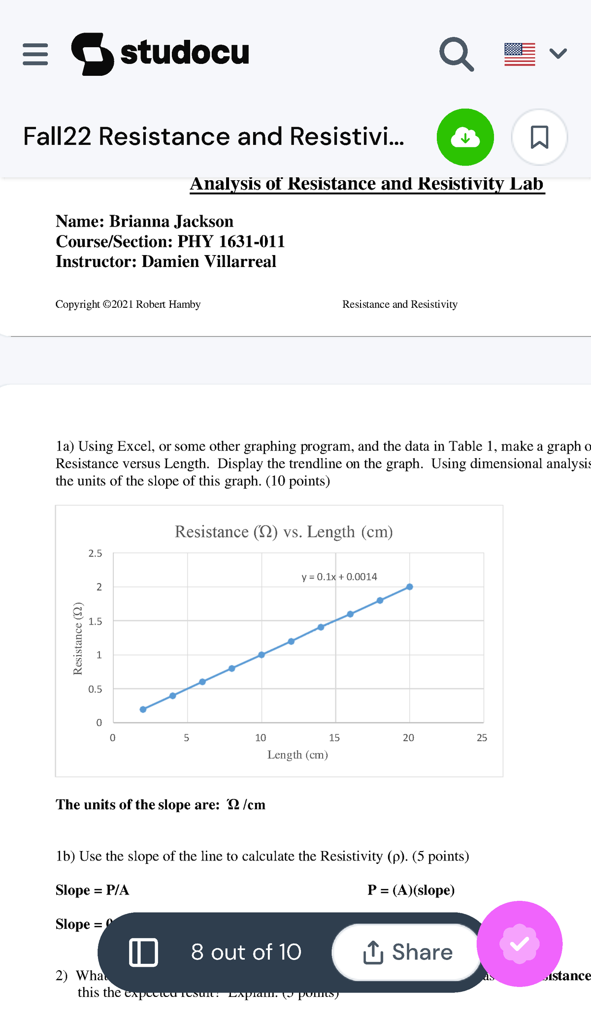 Fall22 Resistance And Resistivity Lab Online - Q Q Q T Q I T Q I = R L ...