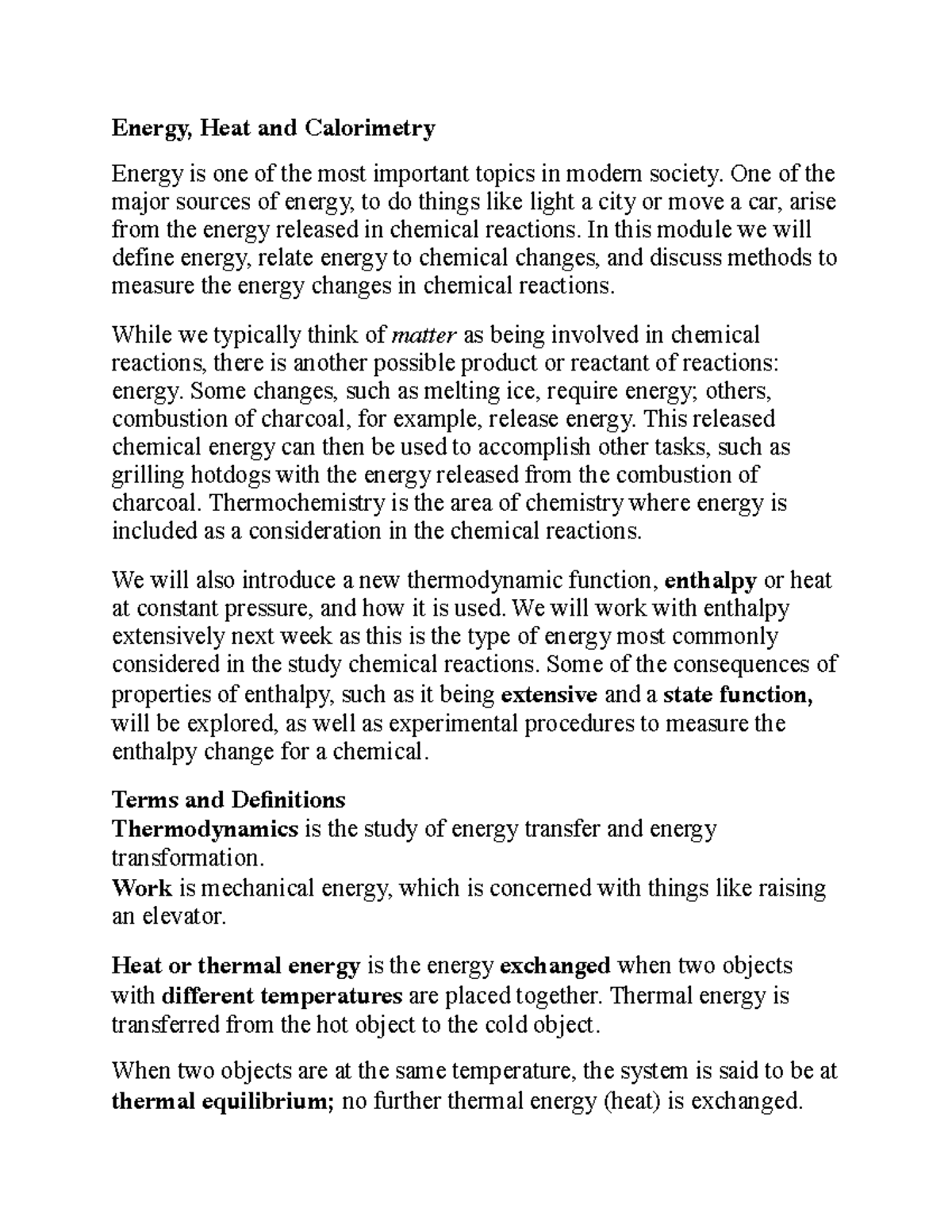 General Chemistry II Notes - Energy, Heat and Calorimetry Energy is one ...