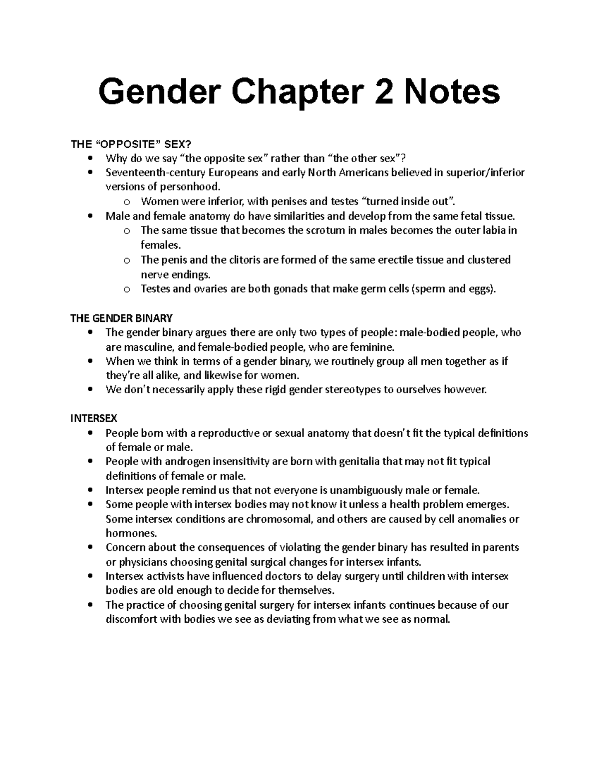 Gender Chapter 2 Notes Intersex Gender Chapter 2 Notes The