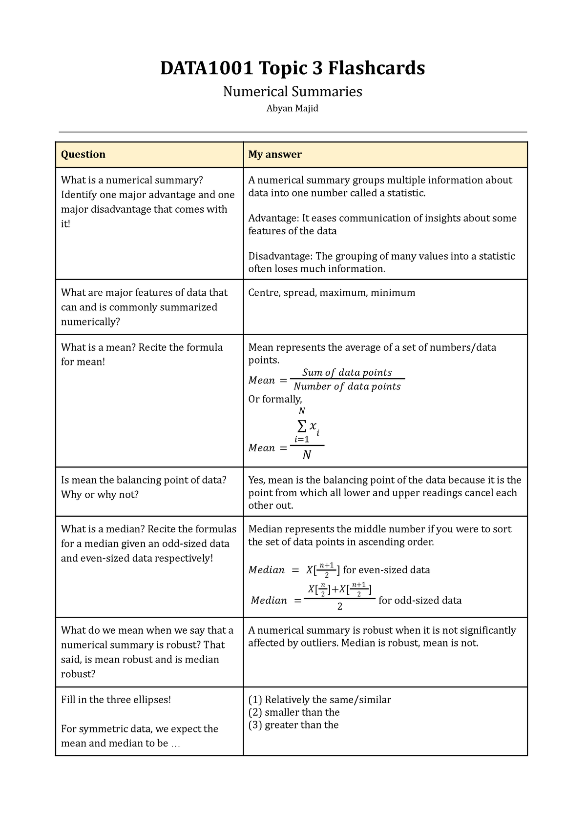 Topic 3 Flashcards (Numerical Summaries) - DATA1001 Topic 3 Flashcards ...