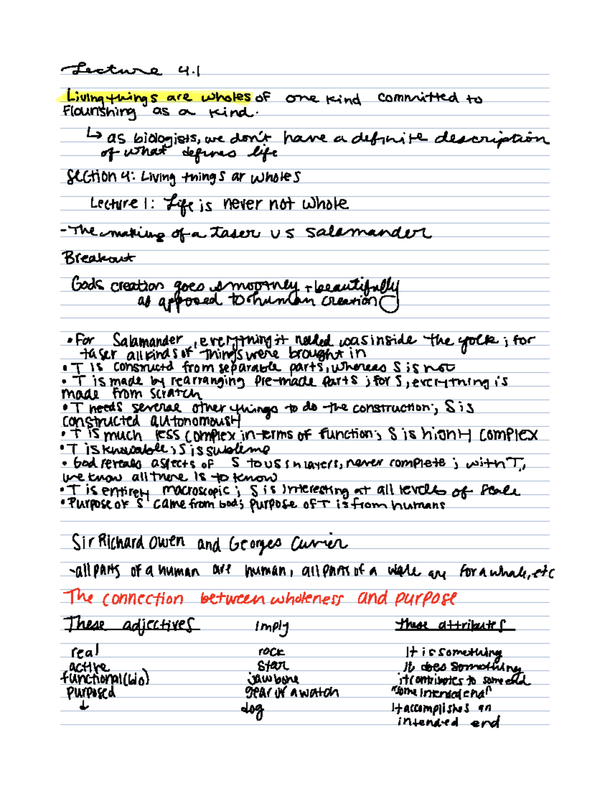 Design of Life Lecture 4 Notes - Lecture 4. Living things are wholes of ...