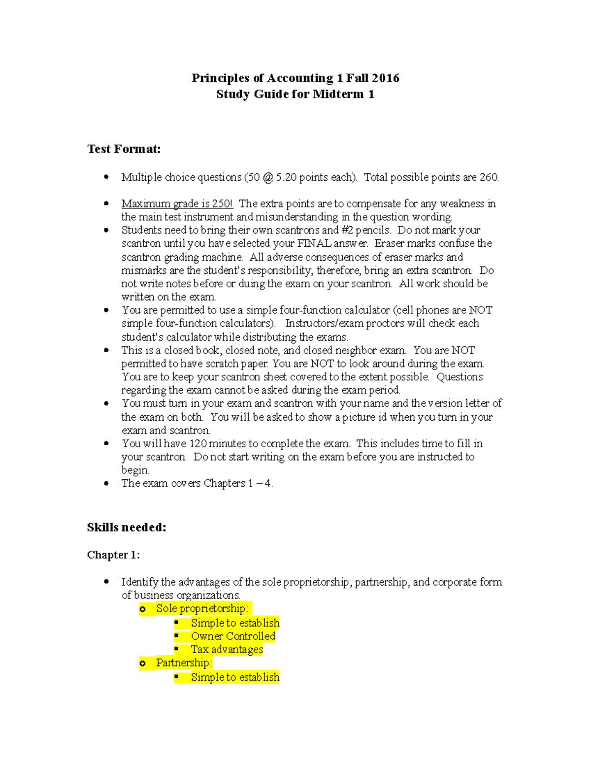 ACCT 2101 Study Guide Midterm 1 - Principles of Accounting 1 Fall 2016 ...