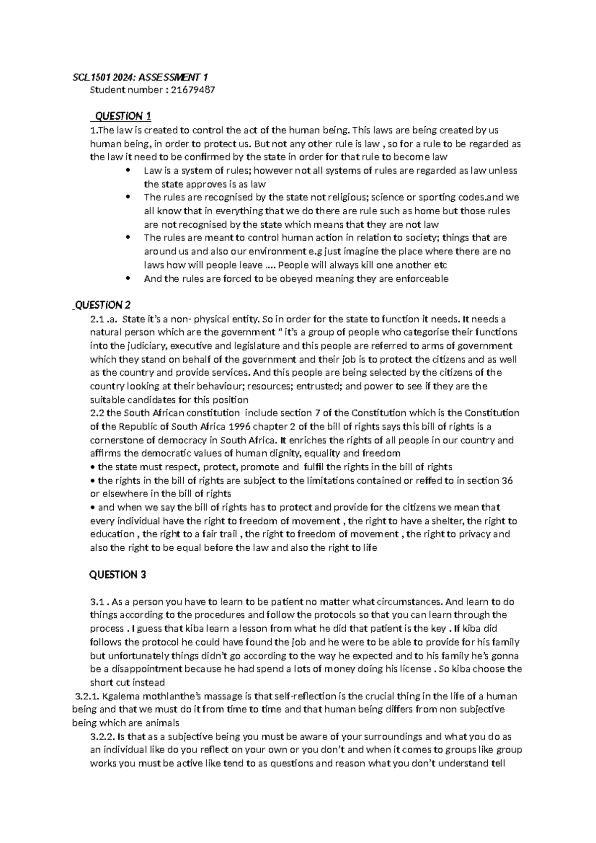 Assignment from unisa copy - SCL1501 2024: ASSESSMENT 1 Student number ...