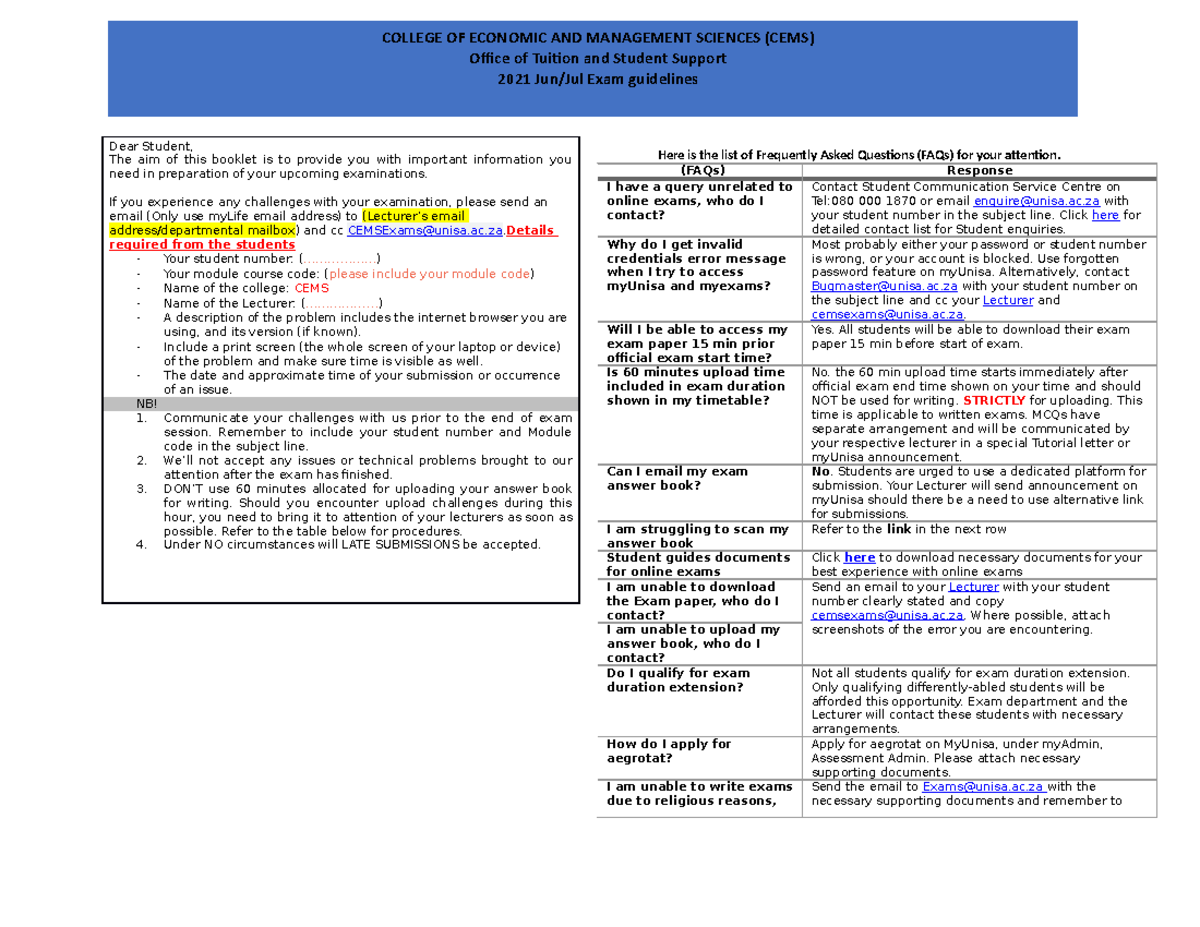 Exam booklet for CEMS students Jun Jul 2022 - Dear Student, The aim of ...