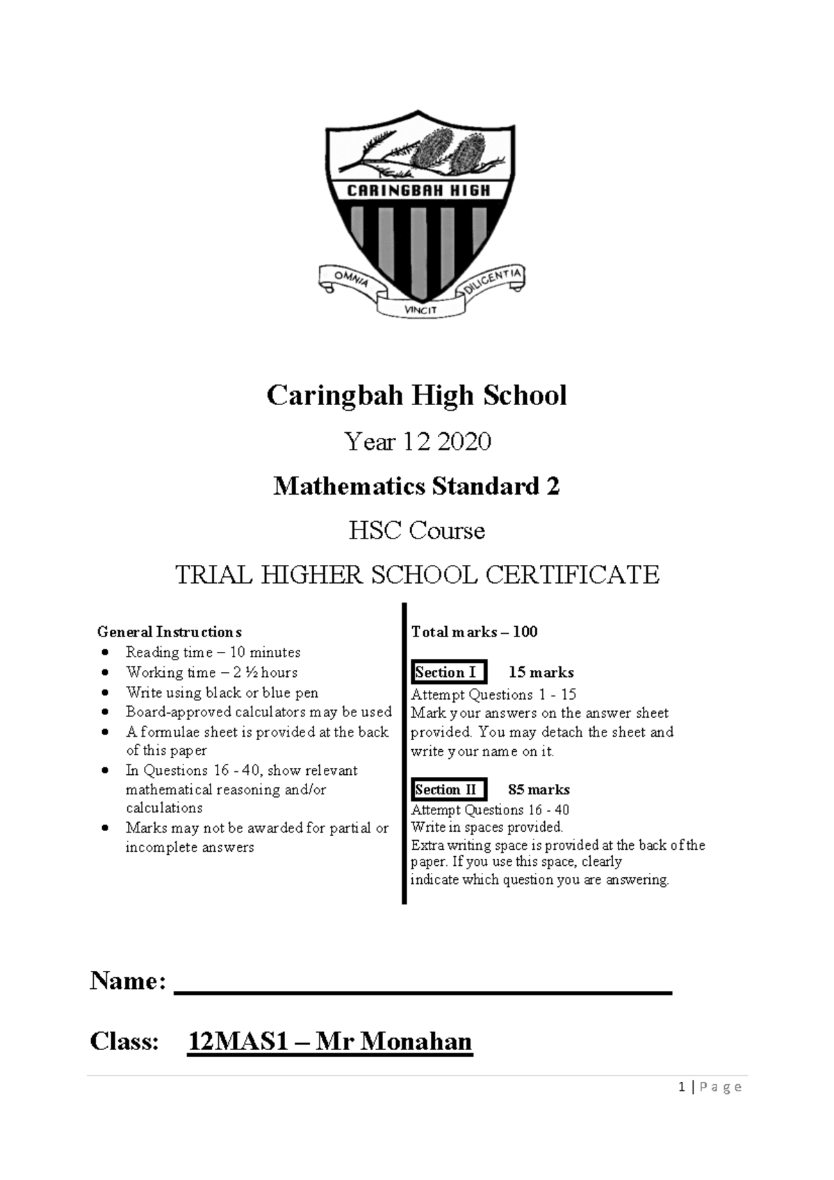 2020 Caringbah HS - S2 - math standard 2 unit paper - Caringbah High ...