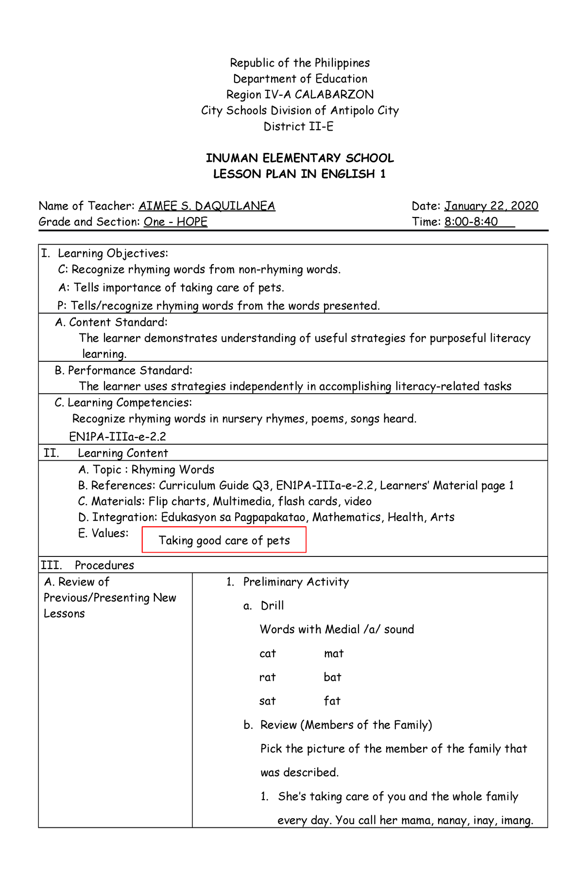 Lesson Plan For Grade 5 Pupils Filipino Subject - Republic Of The ...