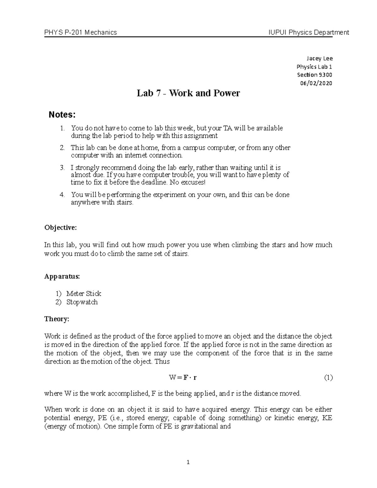Physicslab 7 - Jacey Lee Physics Lab 1 Section 9300 06/02/ Lab 7 - Work ...