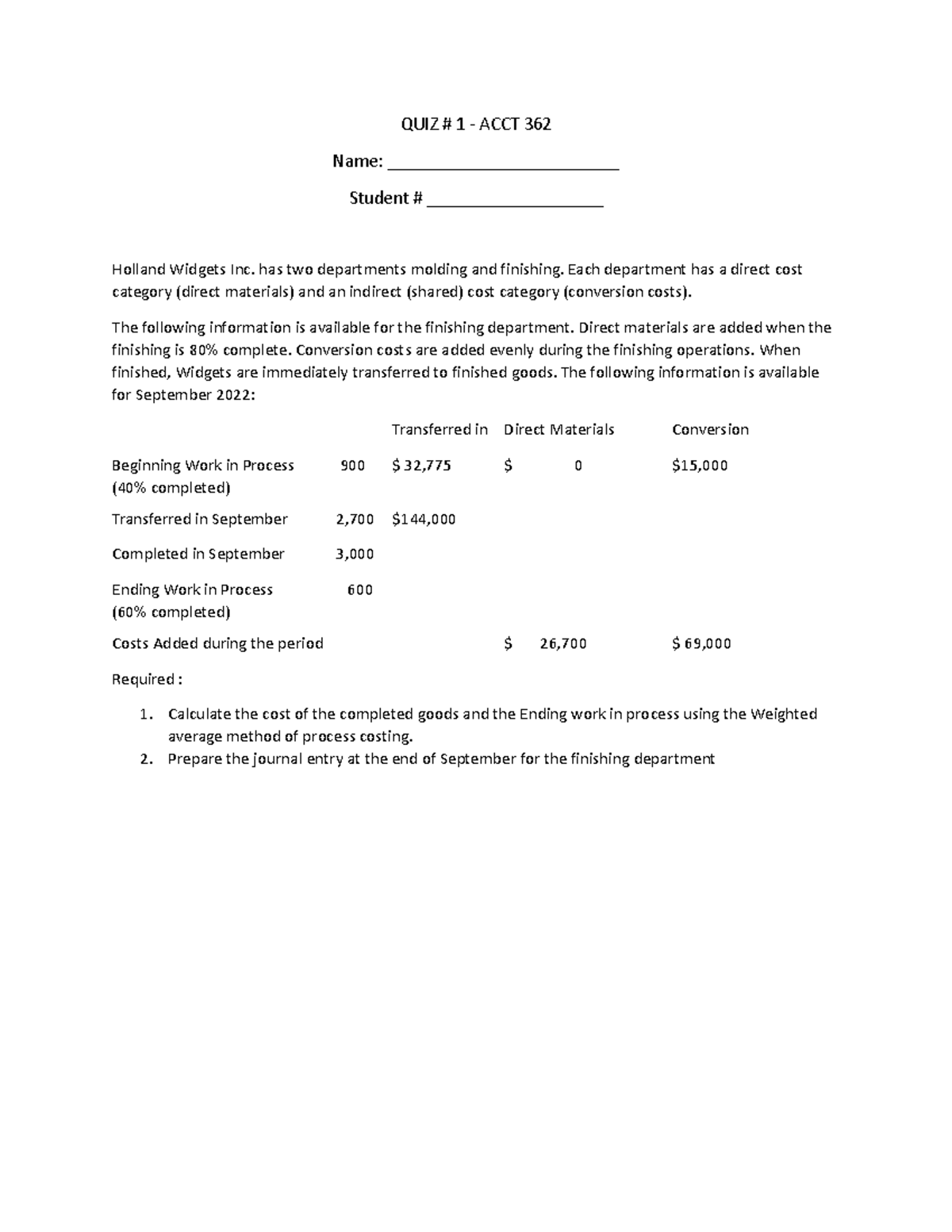 Sample Quiz 1 - Quizzes - QUIZ # 1 - ACCT 362 Name ...