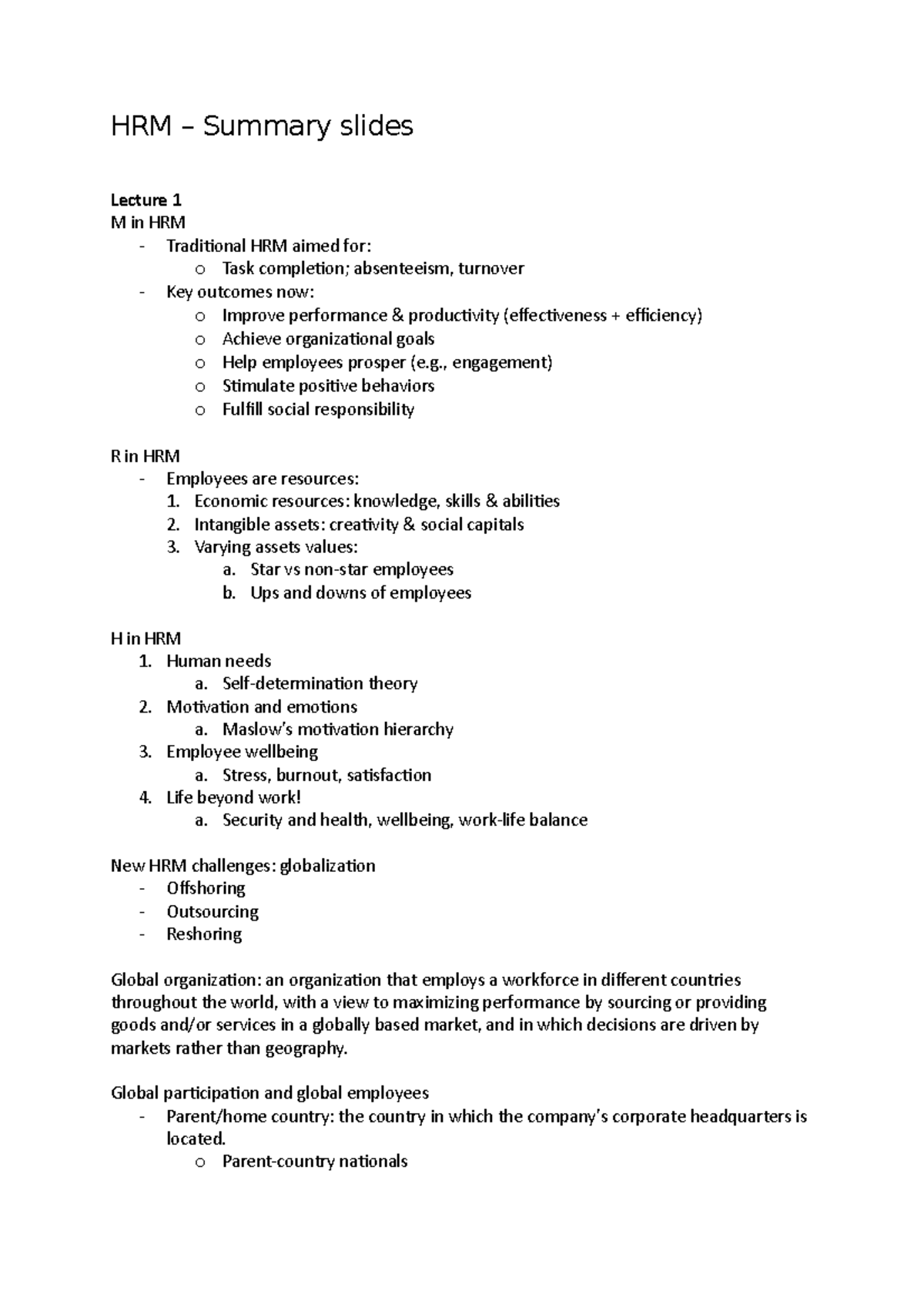 HRM – Summary Slides - HRM – Summary Slides Lecture 1 M In HRM ...