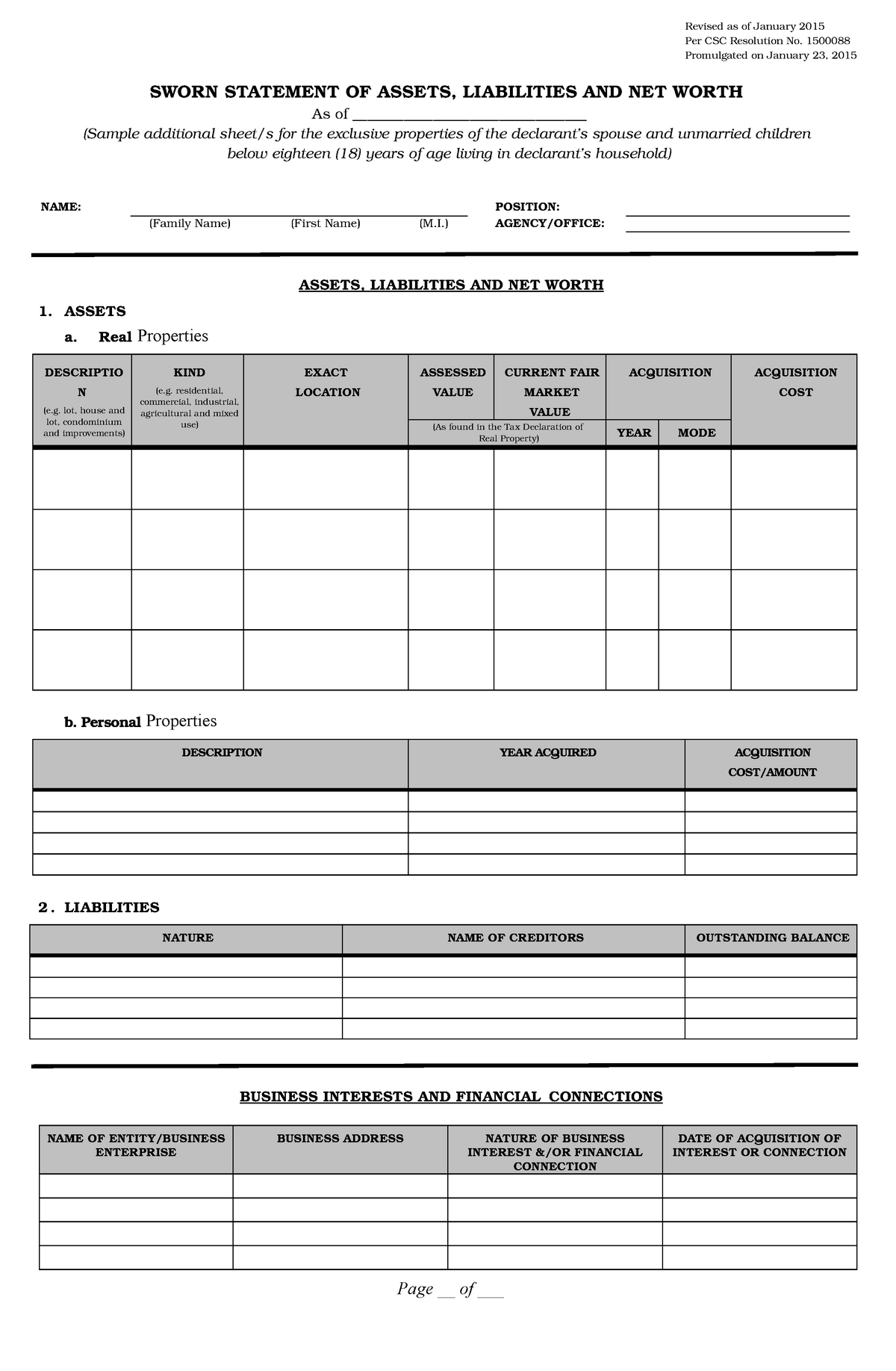SALN Form 2017 Additional Sheets examples - Revised as of January 2015 ...