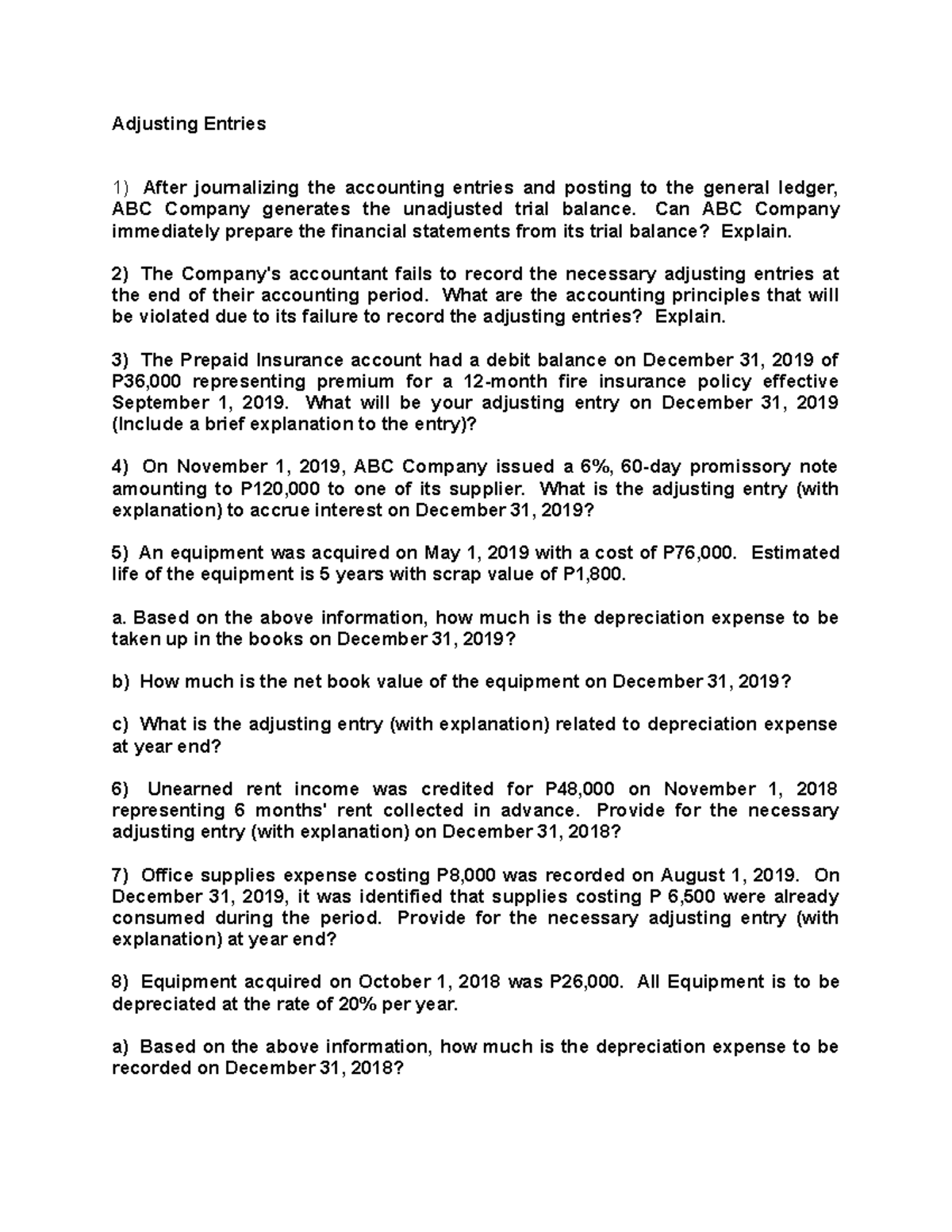 Adjusting Entries Assessment Copy Adjusting Entries After