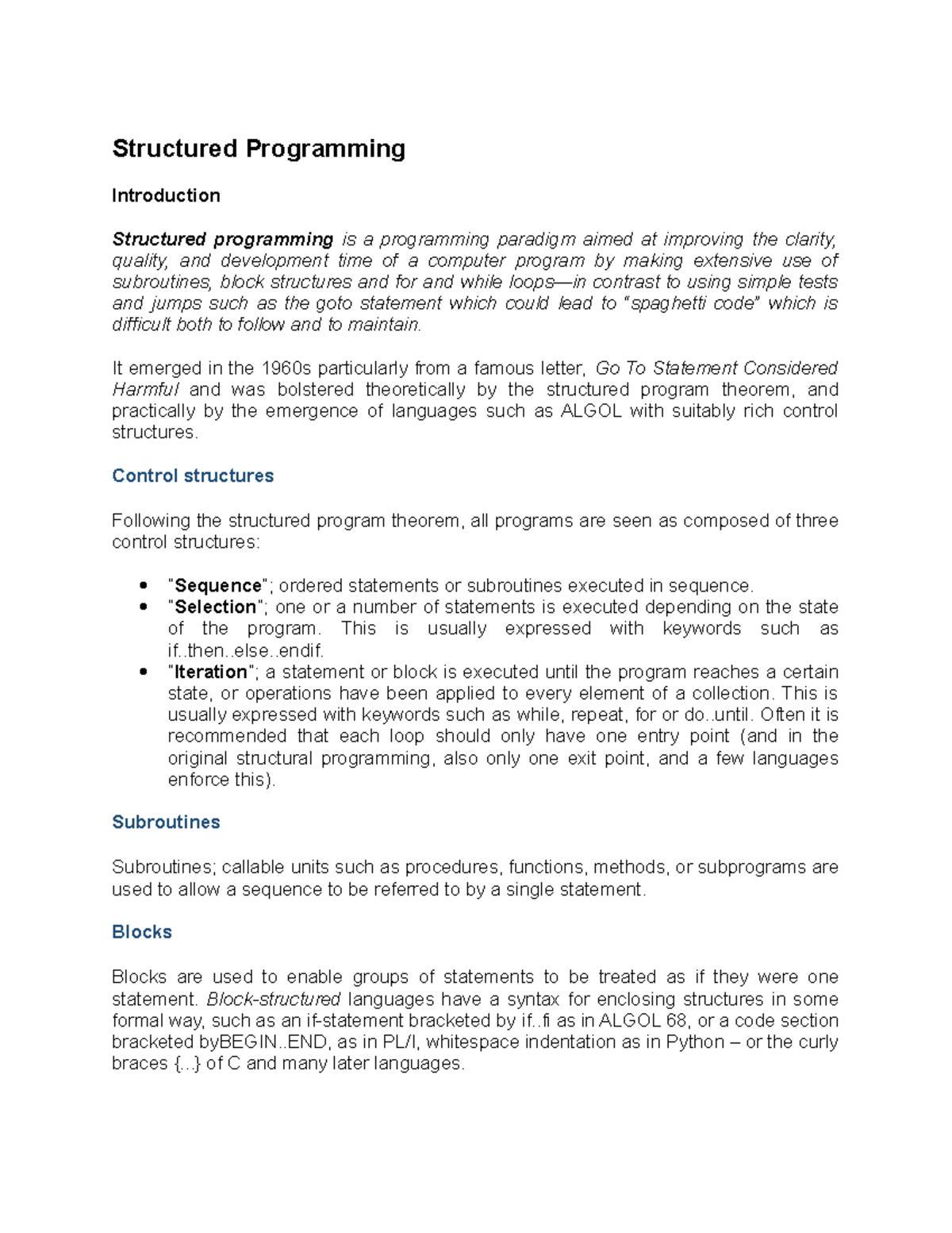 Structured Programming - Structured Programming Introduction Structured ...