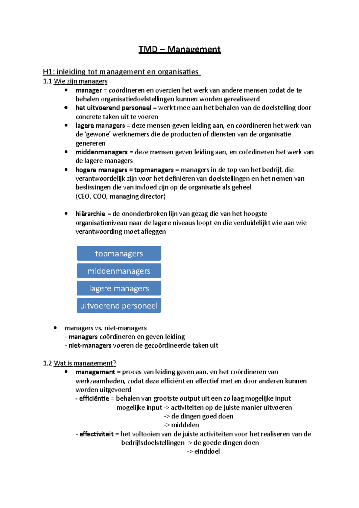 TMD samenvatting - Management - TMD Management H1: inleiding tot ...