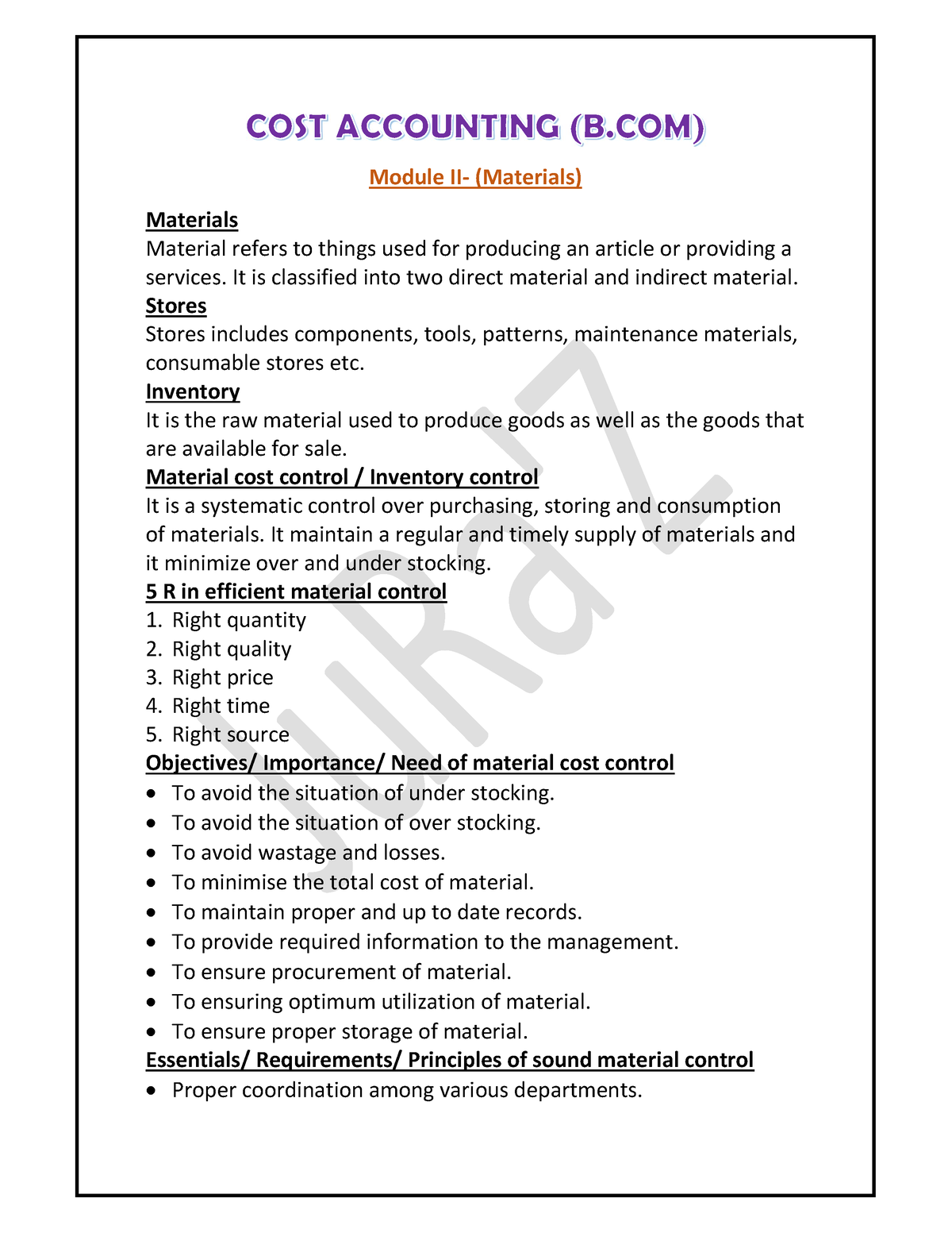 Cost Accounting- Bcom- Module 2 - Module II- (Materials) Materials ...