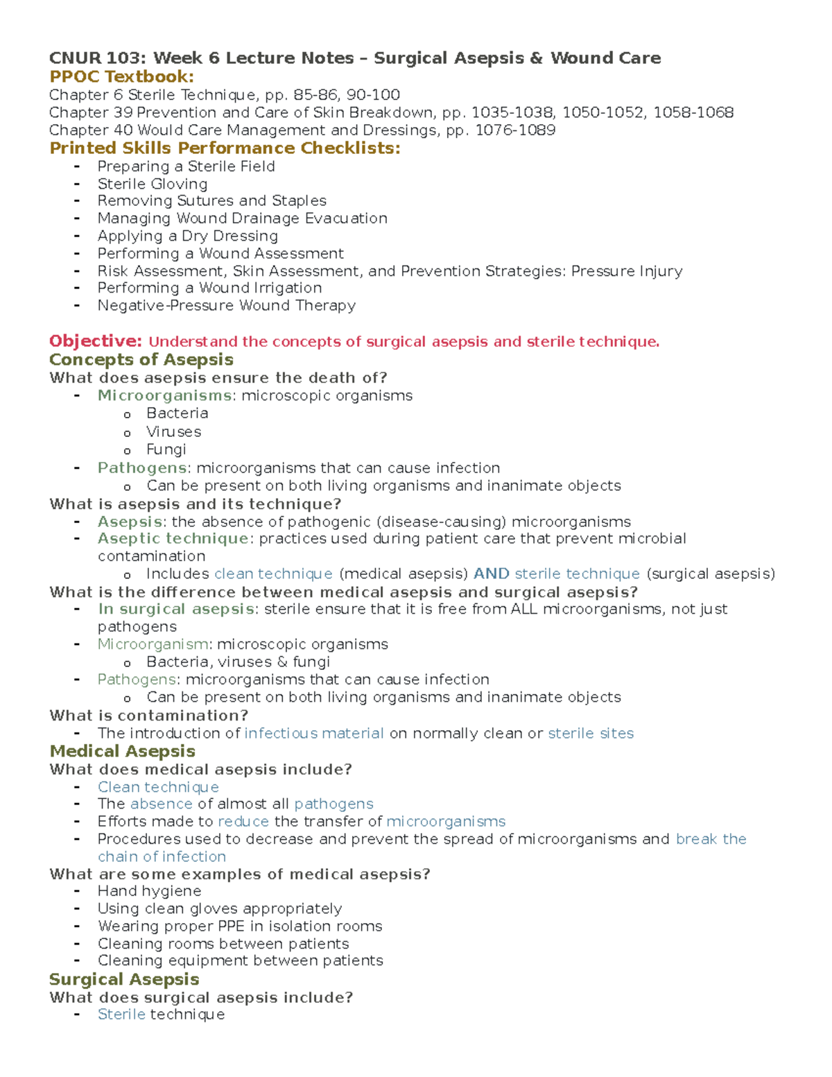 Week 6 Surgical AsepsisWound Care Lecture Notes 103 PPOC Textbook