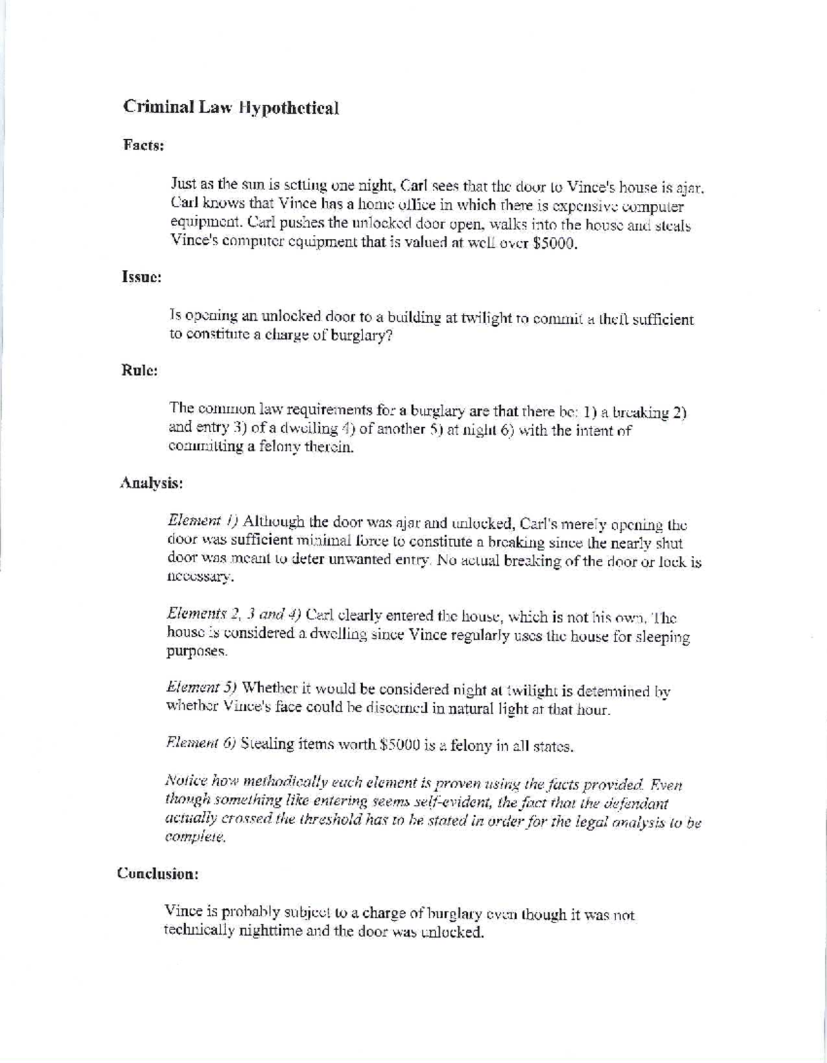 IRAC Burglary Outline School class room work, case briefs