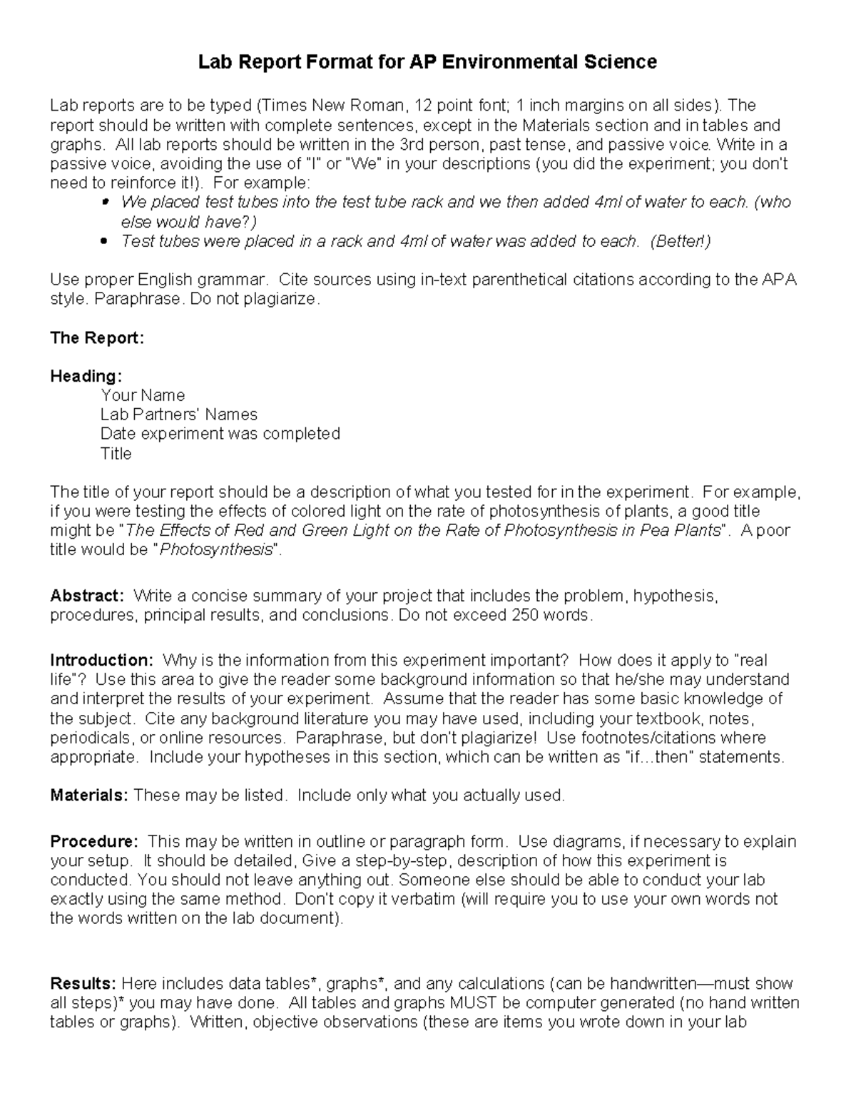 Lab Report Format for APES The report should be written with complete
