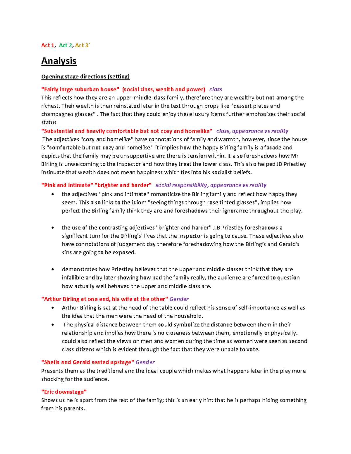Inspector calls help PDF Act 1, Act 2, Act 3` Analysis Opening stage