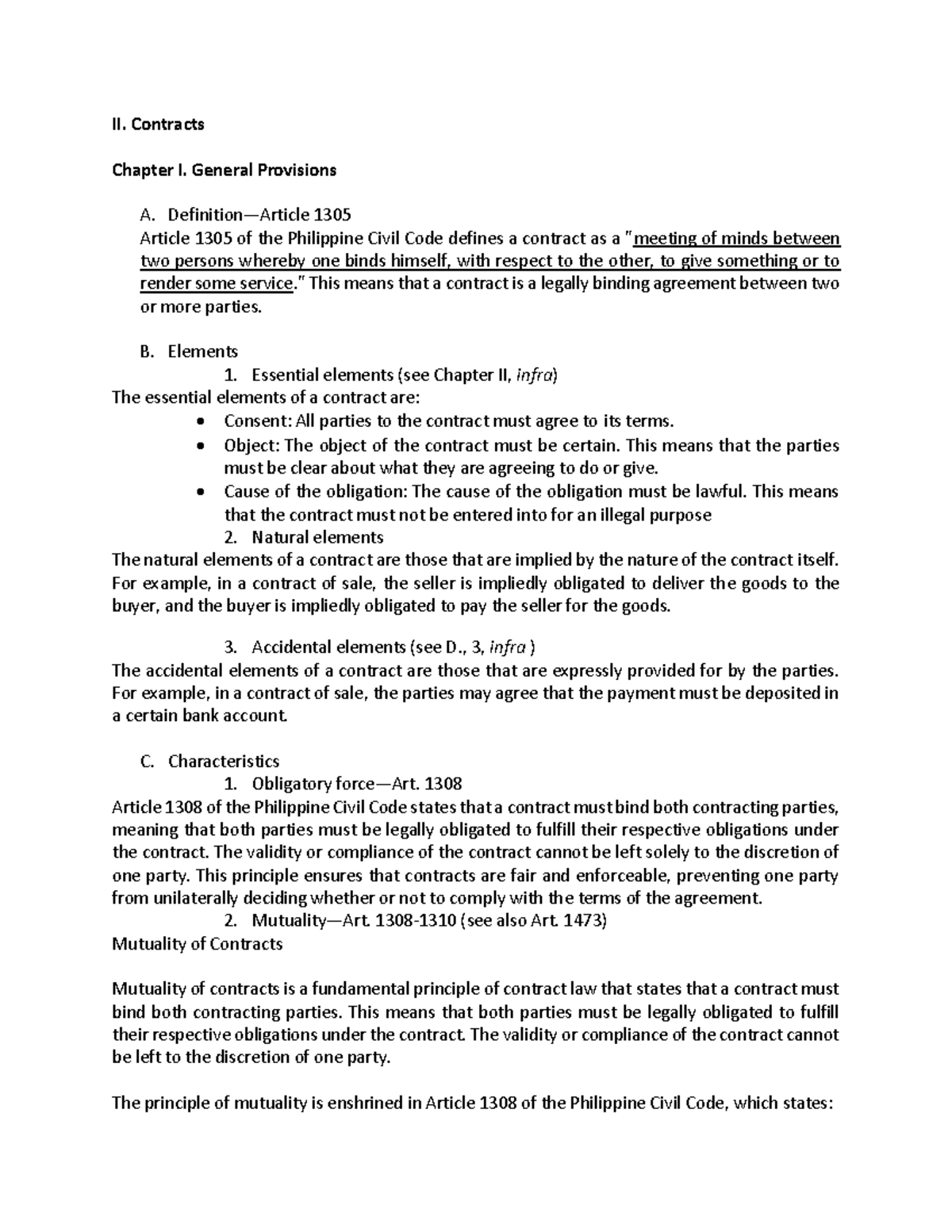 11-16 notes - Summary Law on Obligations and Contracts - II. Contracts ...