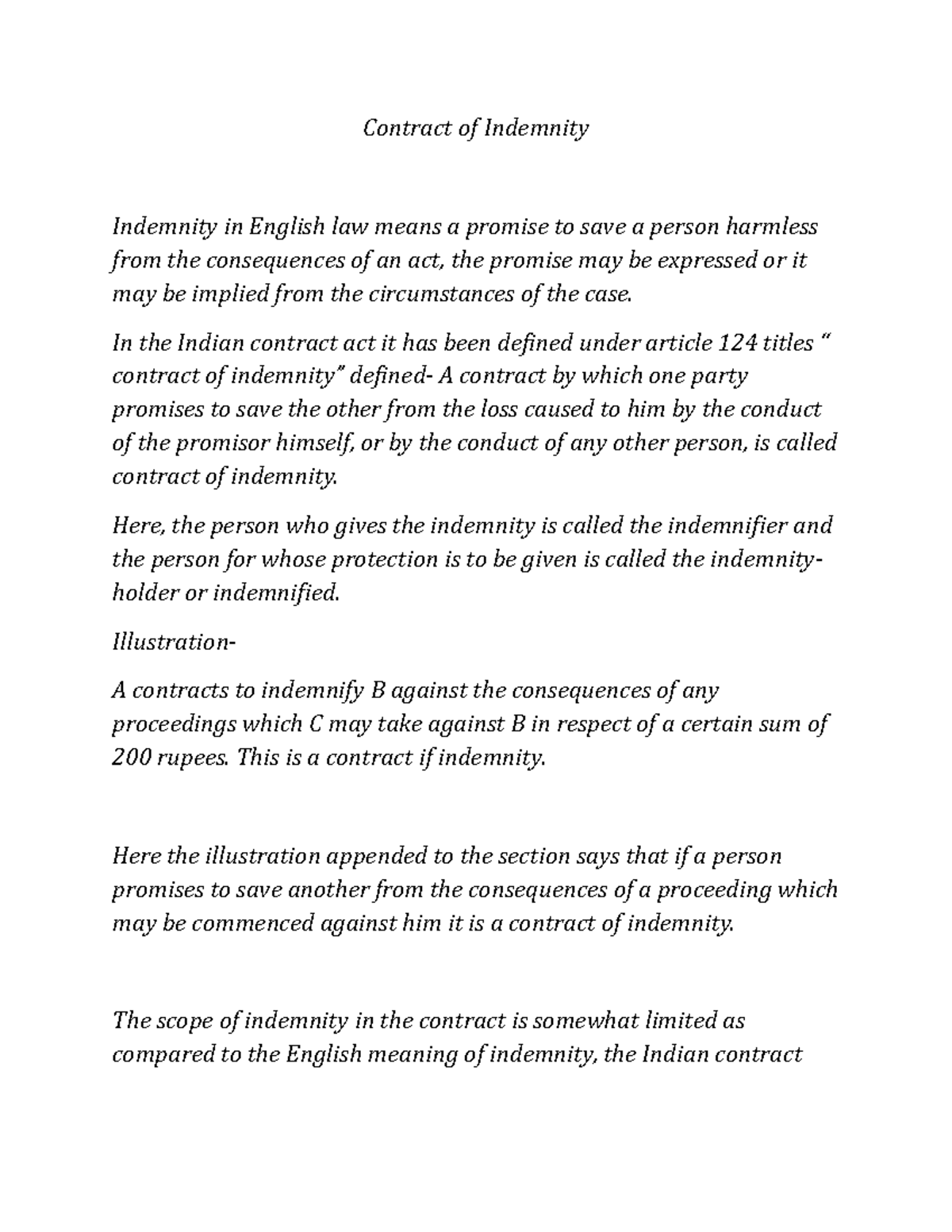 Contract Of Indemnity - Contract Of Indemnity Indemnity In English Law ...